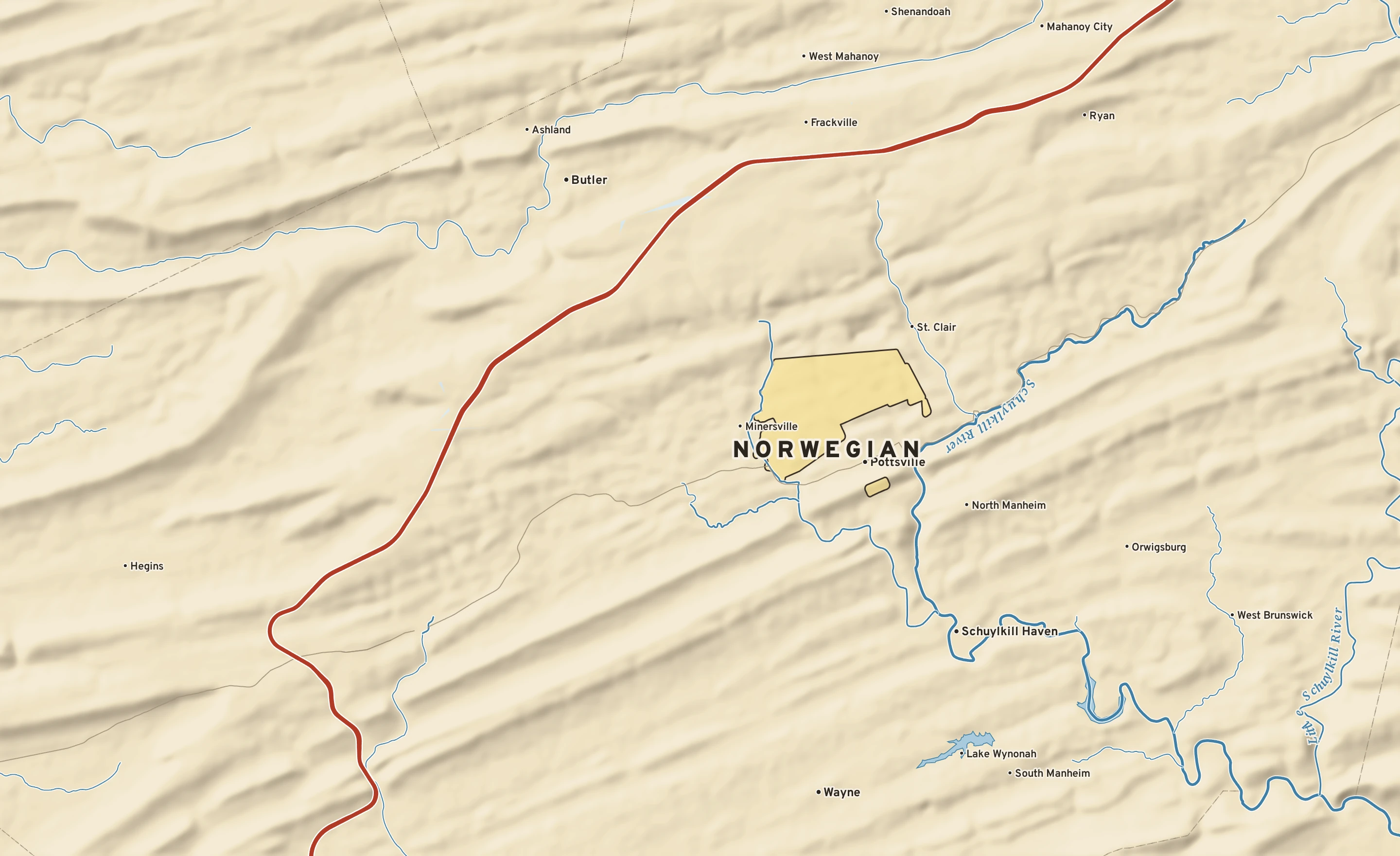 Shaded-relief atlas plate of Norwegian, Pennsylvania: rivers, roads, the city limits and where the water drains.