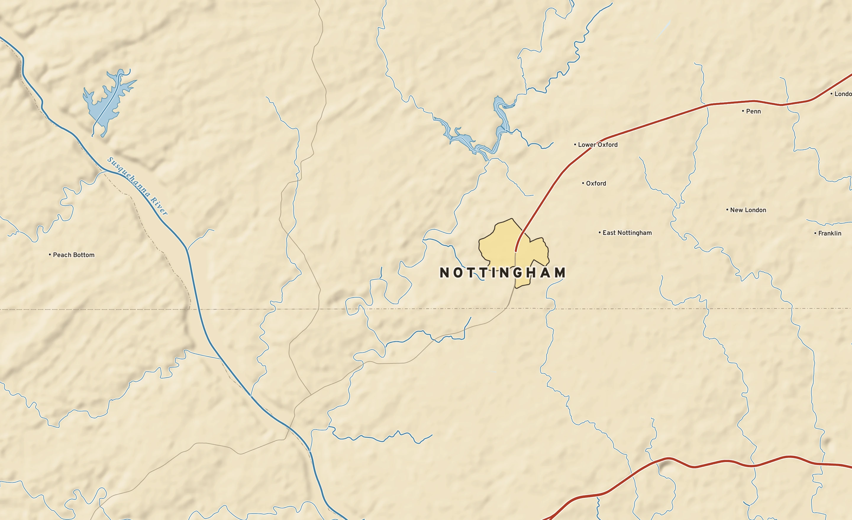 Shaded-relief atlas plate of Nottingham, Pennsylvania: rivers, roads, the city limits and where the water drains.