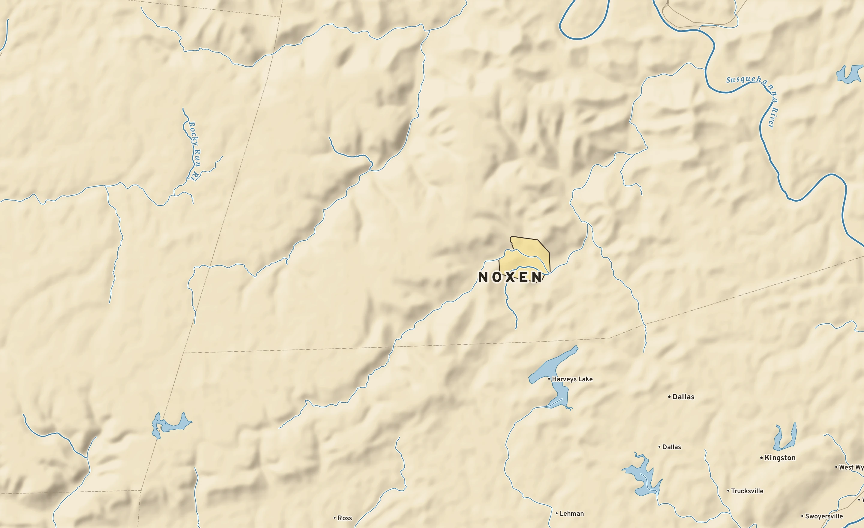 Shaded-relief atlas plate of Noxen, Pennsylvania: rivers, roads, the city limits and where the water drains.
