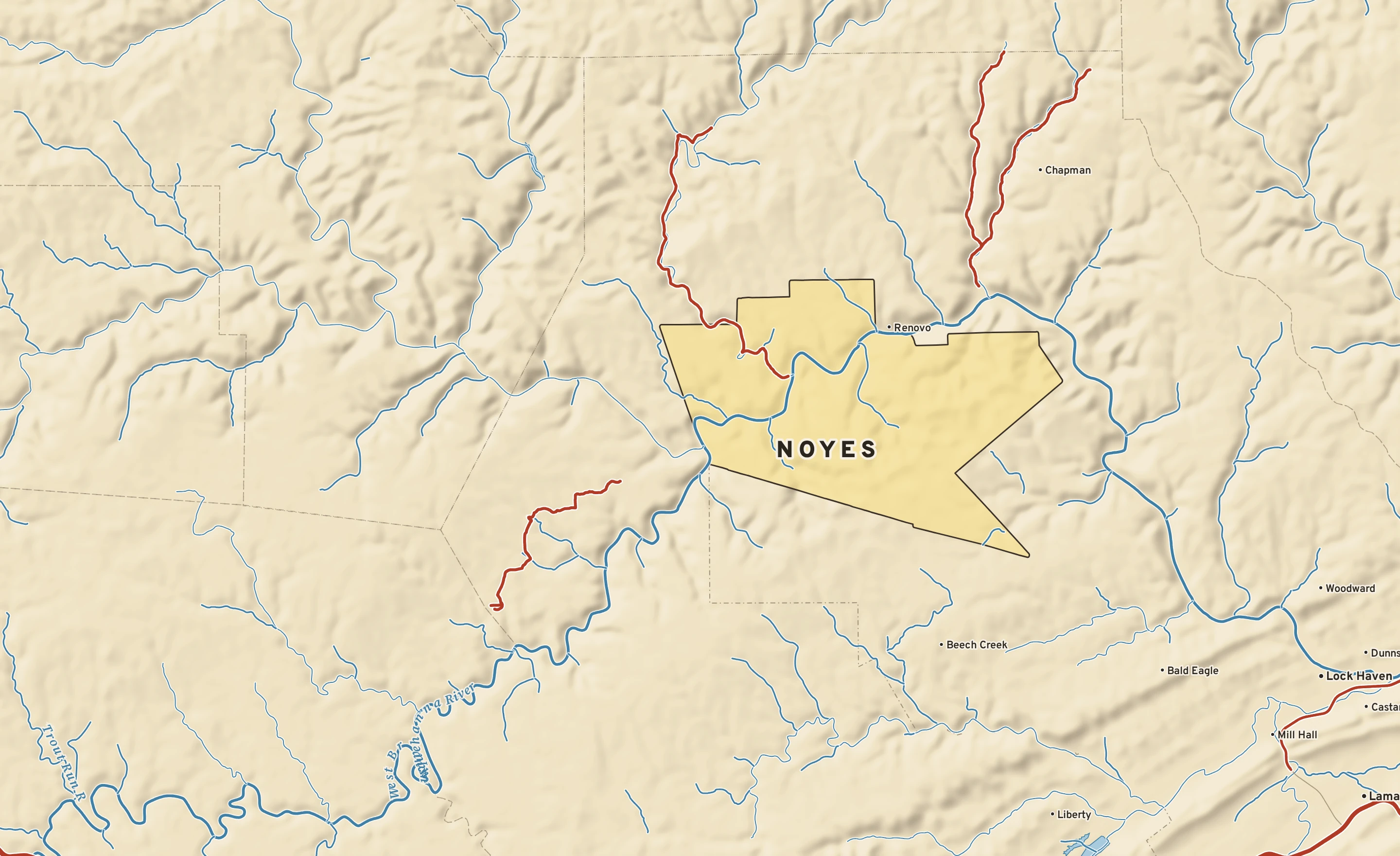 Shaded-relief atlas plate of Noyes, Pennsylvania: rivers, roads, the city limits and where the water drains.
