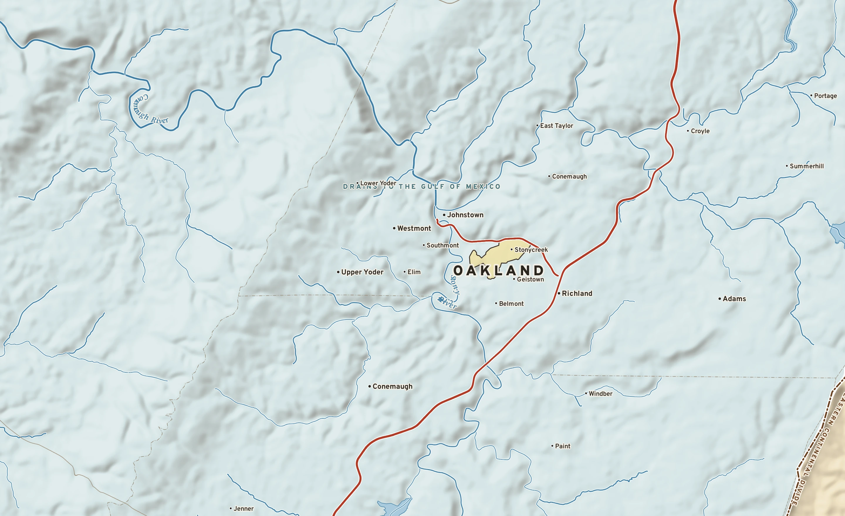 Shaded-relief atlas plate of Oakland, Pennsylvania: rivers, roads, the city limits and where the water drains.