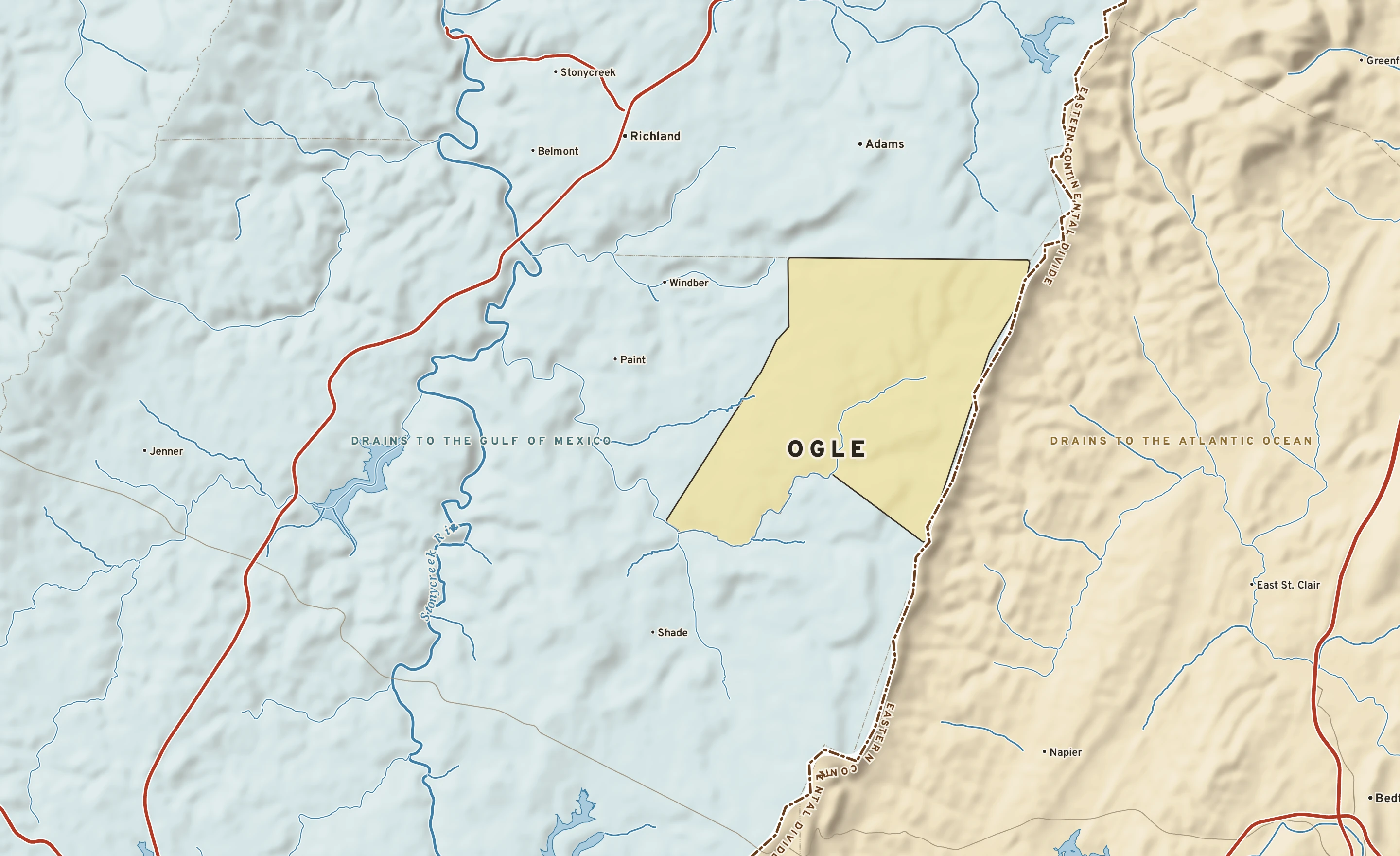 Shaded-relief atlas plate of Ogle, Pennsylvania: rivers, roads, the city limits and where the water drains.
