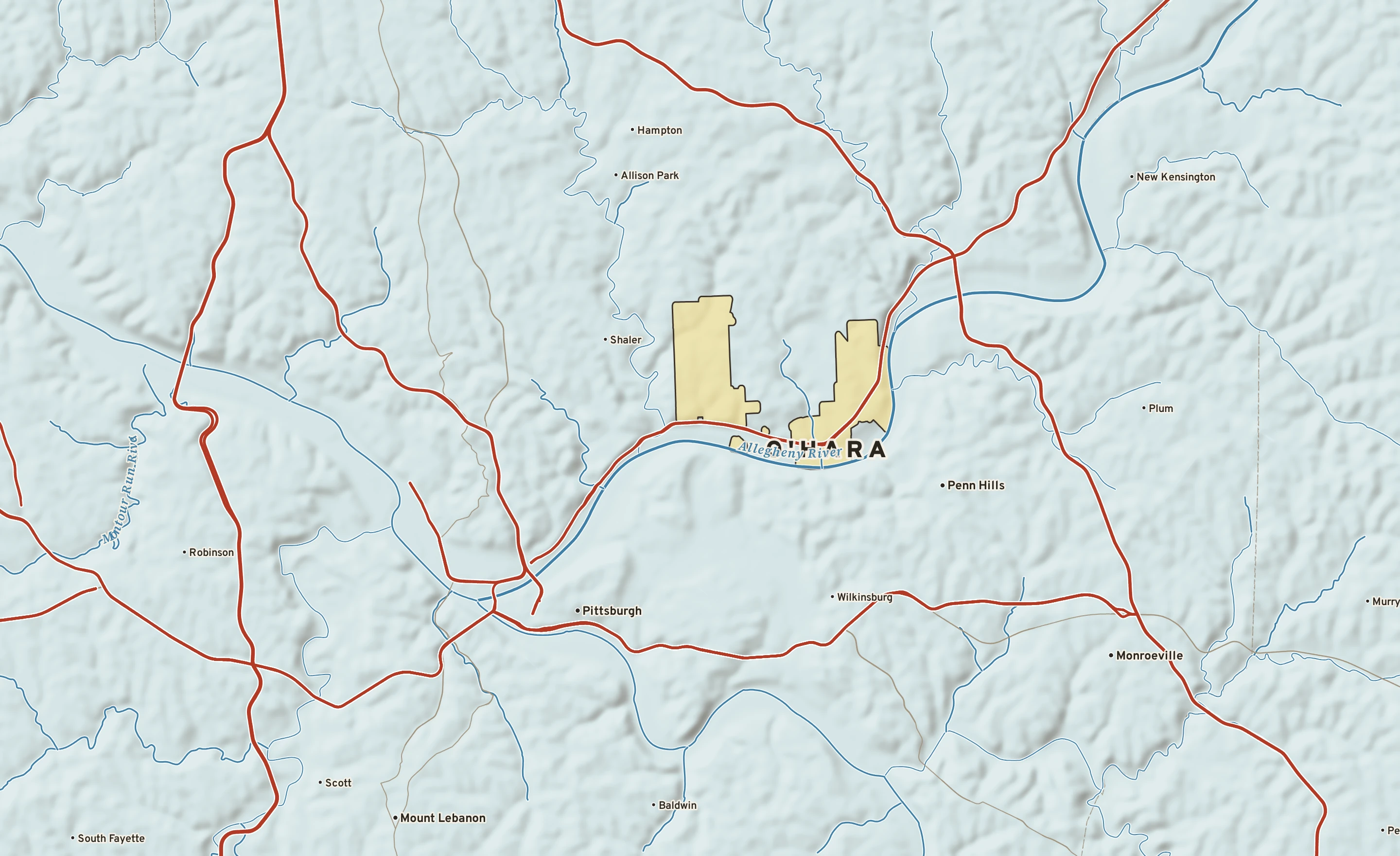 Shaded-relief atlas plate of O'Hara, Pennsylvania: rivers, roads, the city limits and where the water drains.