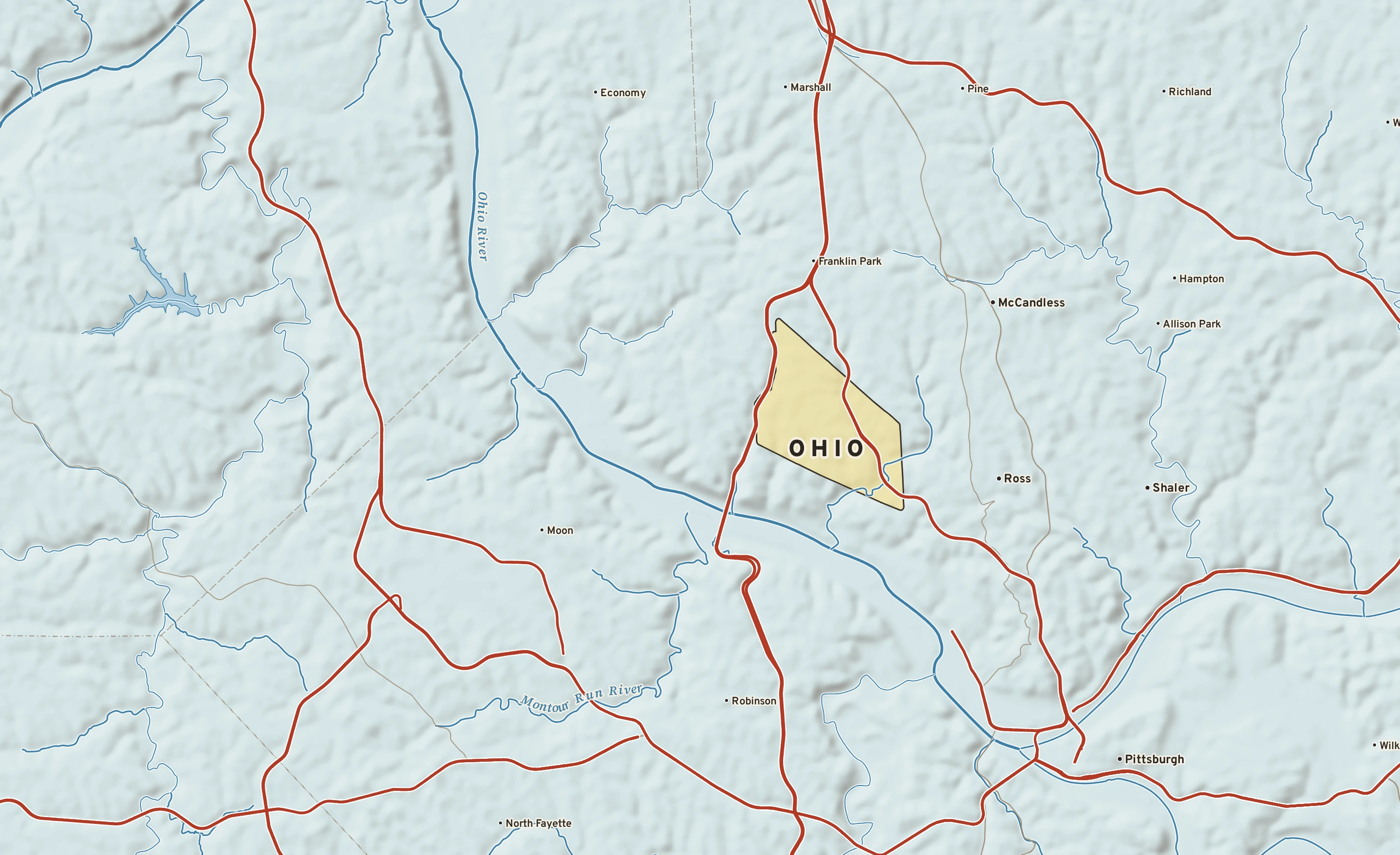 Shaded-relief atlas plate of Ohio, Pennsylvania: rivers, roads, the city limits and where the water drains.