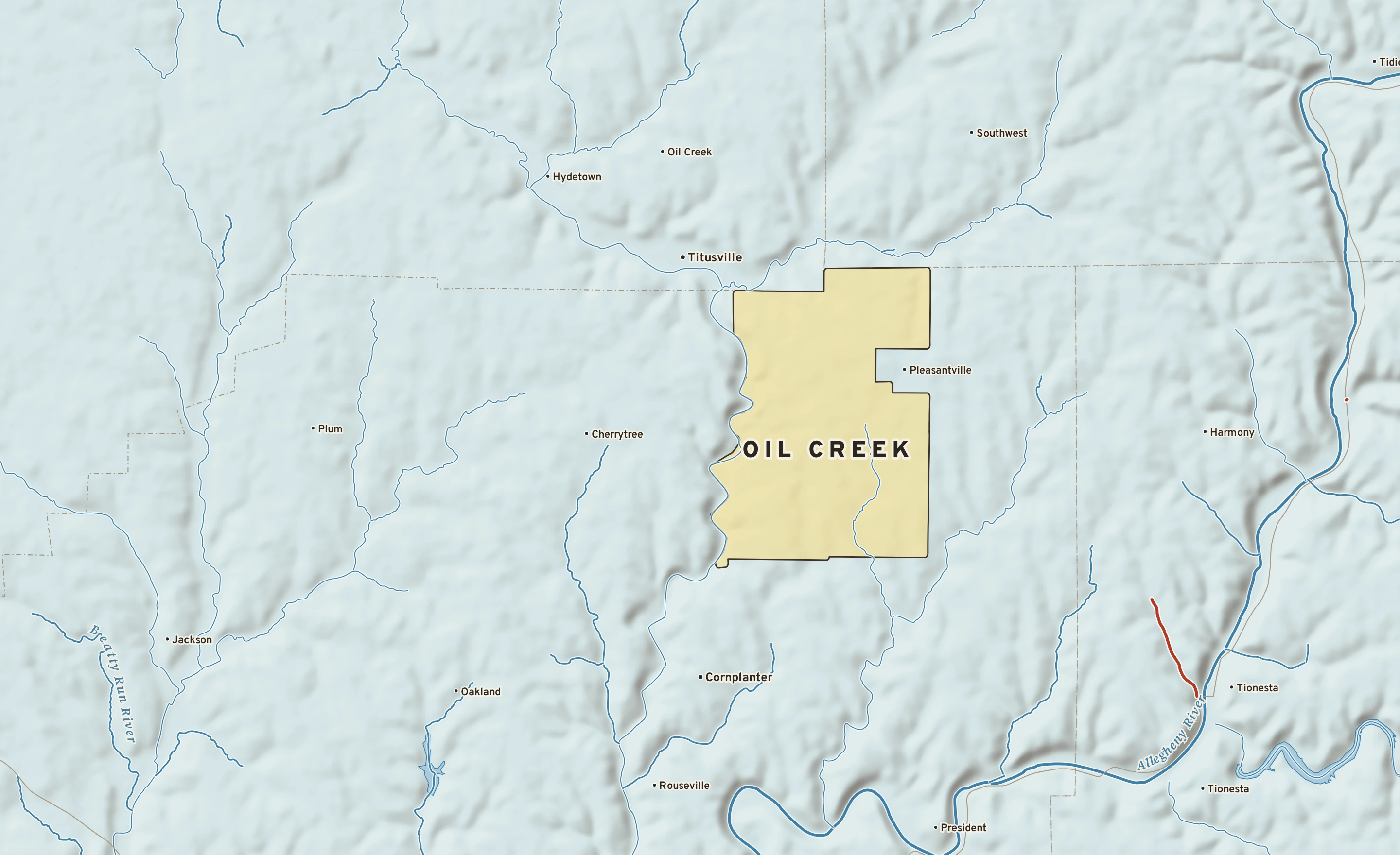 Shaded-relief atlas plate of Oil Creek, Pennsylvania: rivers, roads, the city limits and where the water drains.