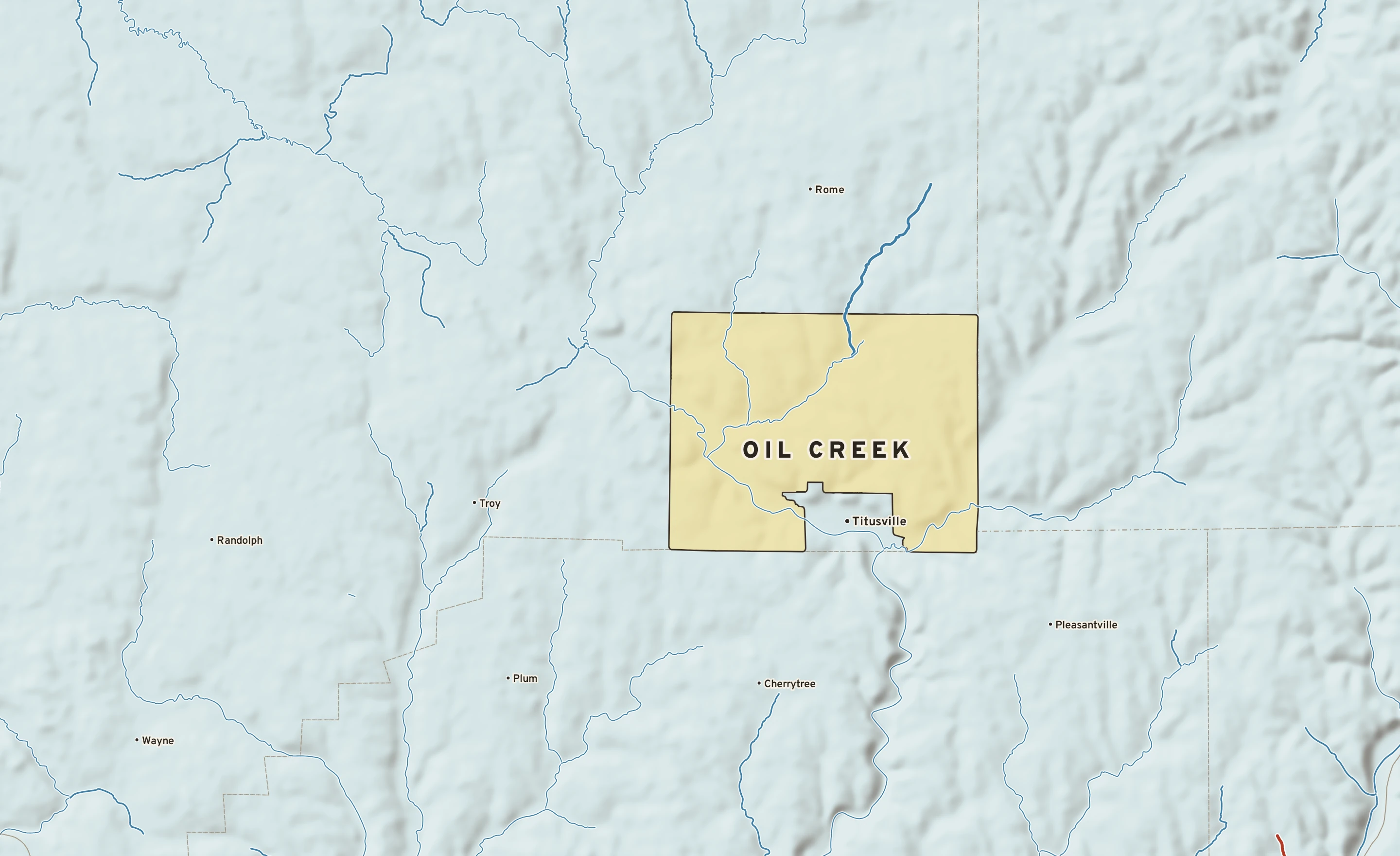 Shaded-relief atlas plate of Oil Creek, Pennsylvania: rivers, roads, the city limits and where the water drains.