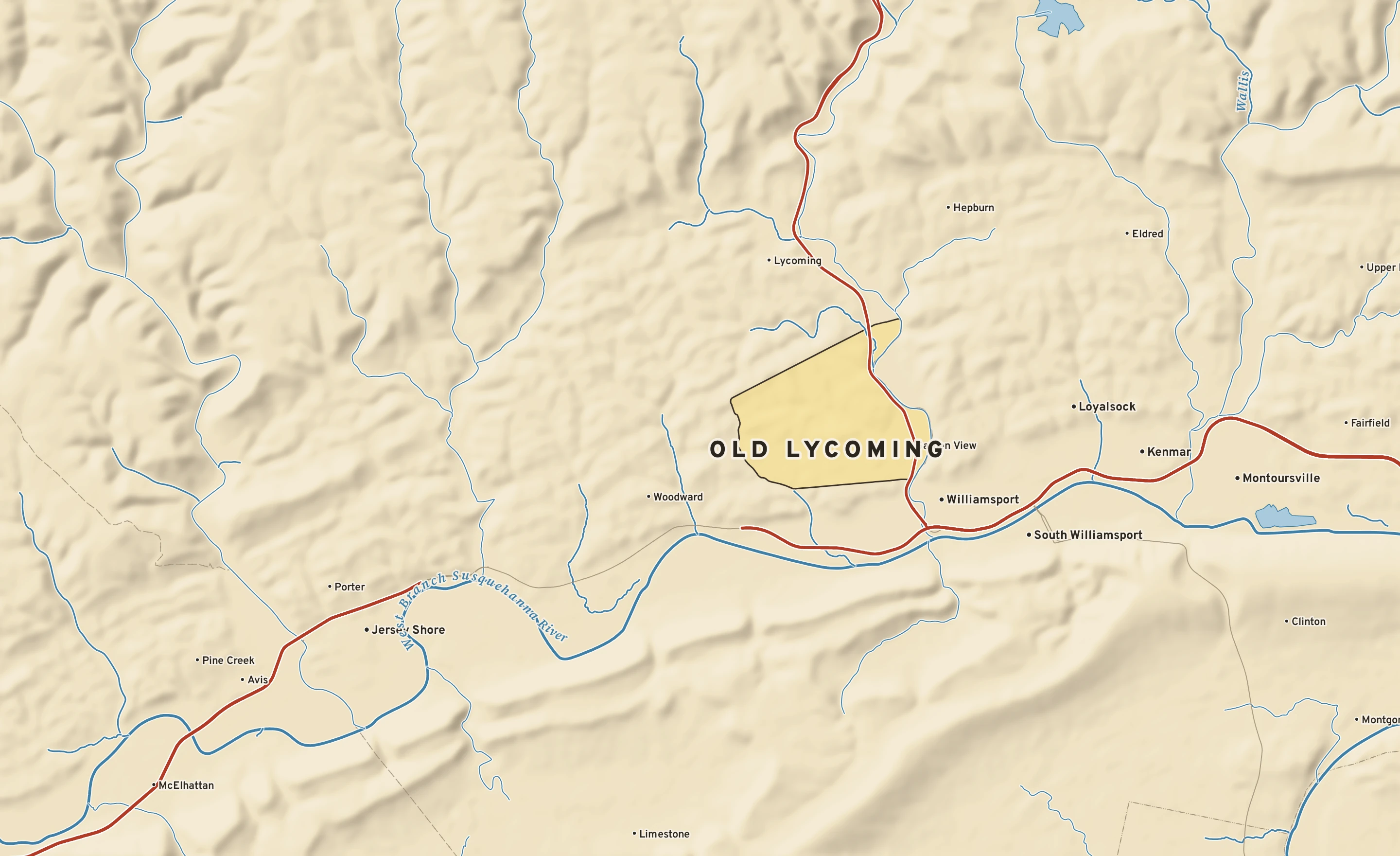 Shaded-relief atlas plate of Old Lycoming, Pennsylvania: rivers, roads, the city limits and where the water drains.