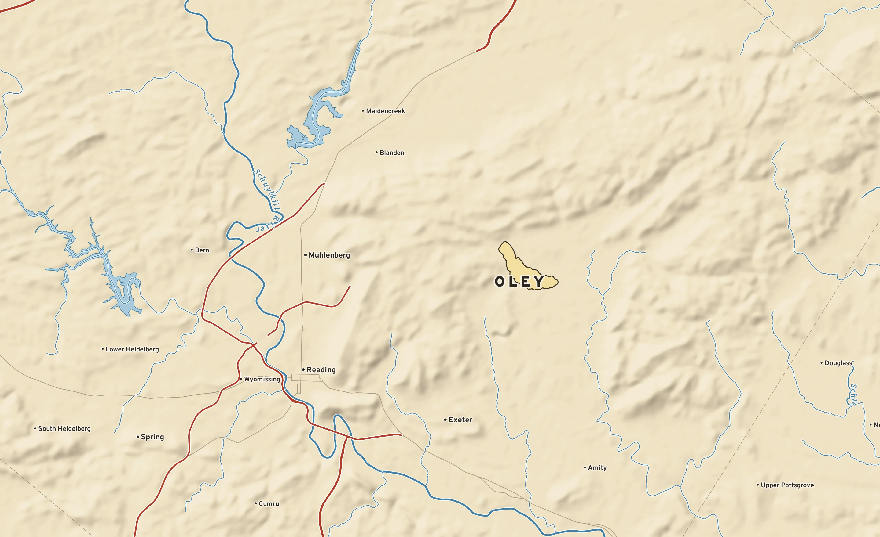 Shaded-relief atlas plate of Oley, Pennsylvania: rivers, roads, the city limits and where the water drains.