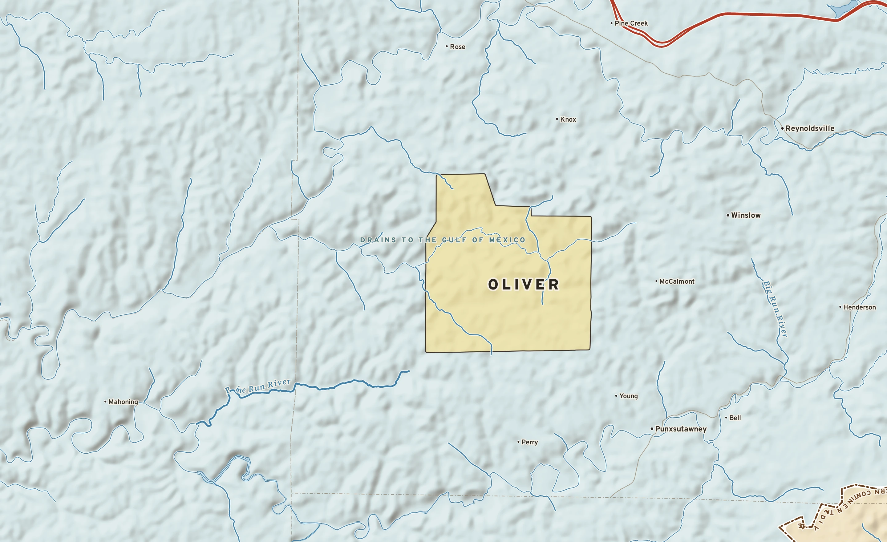 Shaded-relief atlas plate of Oliver, Pennsylvania: rivers, roads, the city limits and where the water drains.