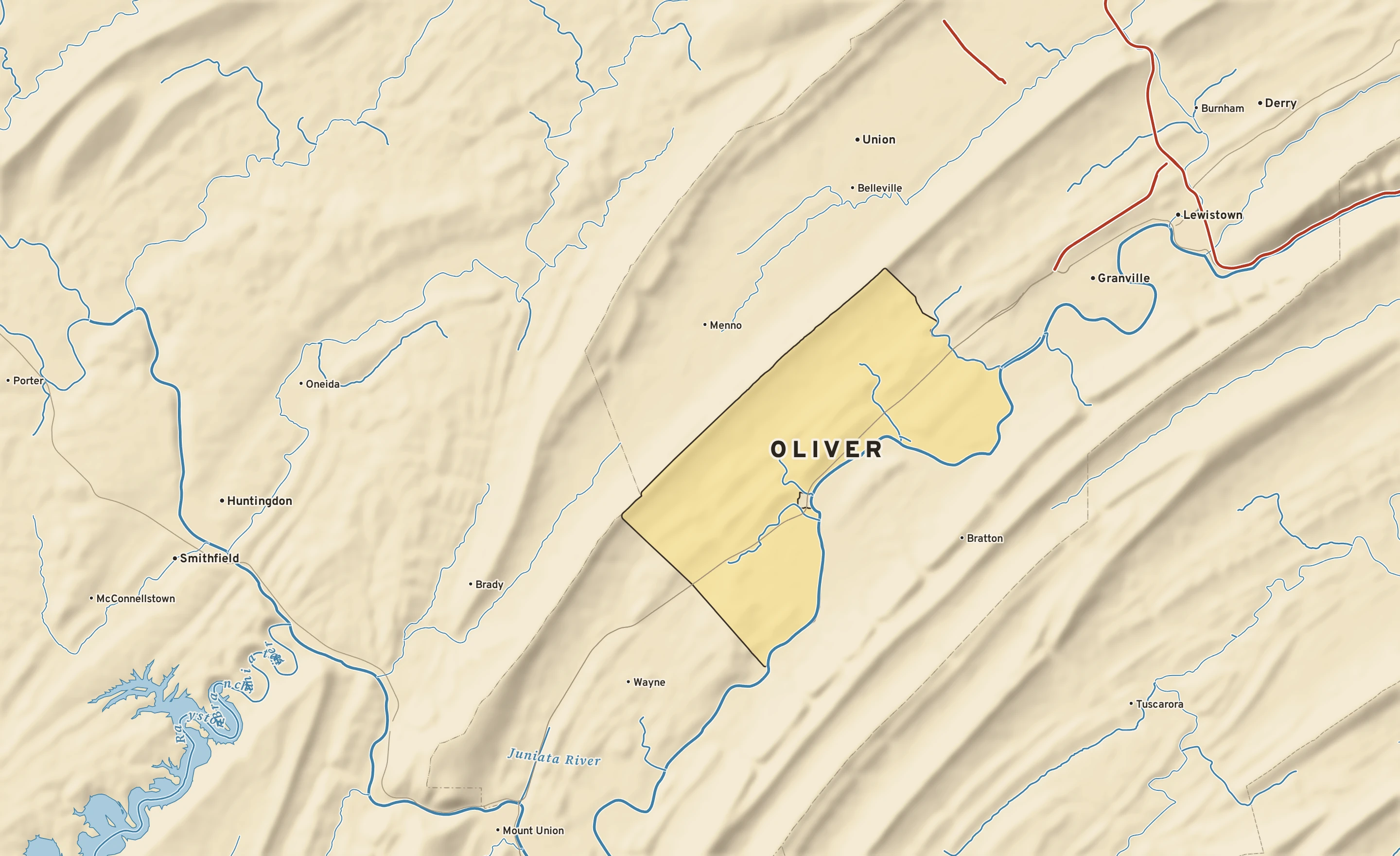 Shaded-relief atlas plate of Oliver, Pennsylvania: rivers, roads, the city limits and where the water drains.
