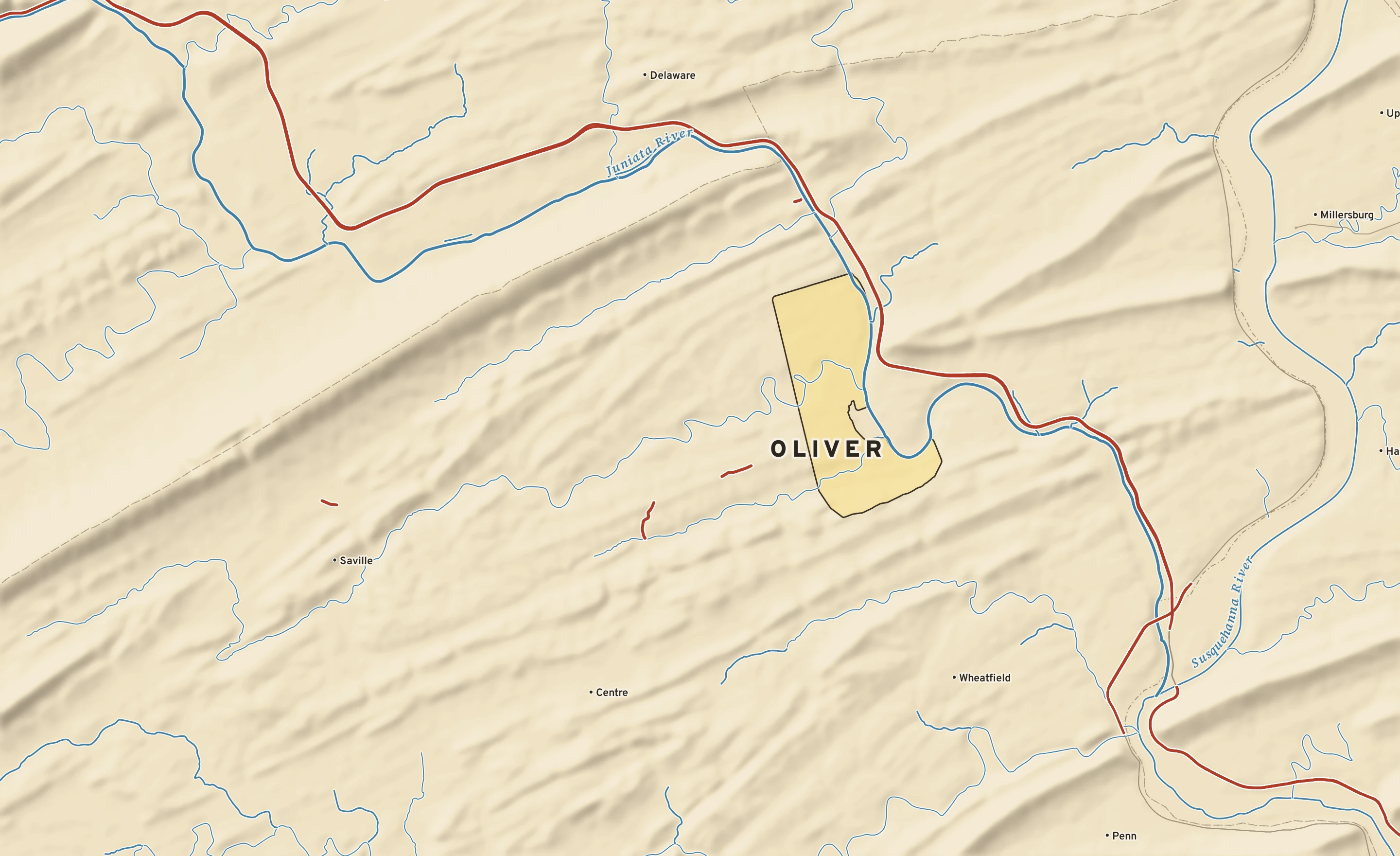 Shaded-relief atlas plate of Oliver, Pennsylvania: rivers, roads, the city limits and where the water drains.