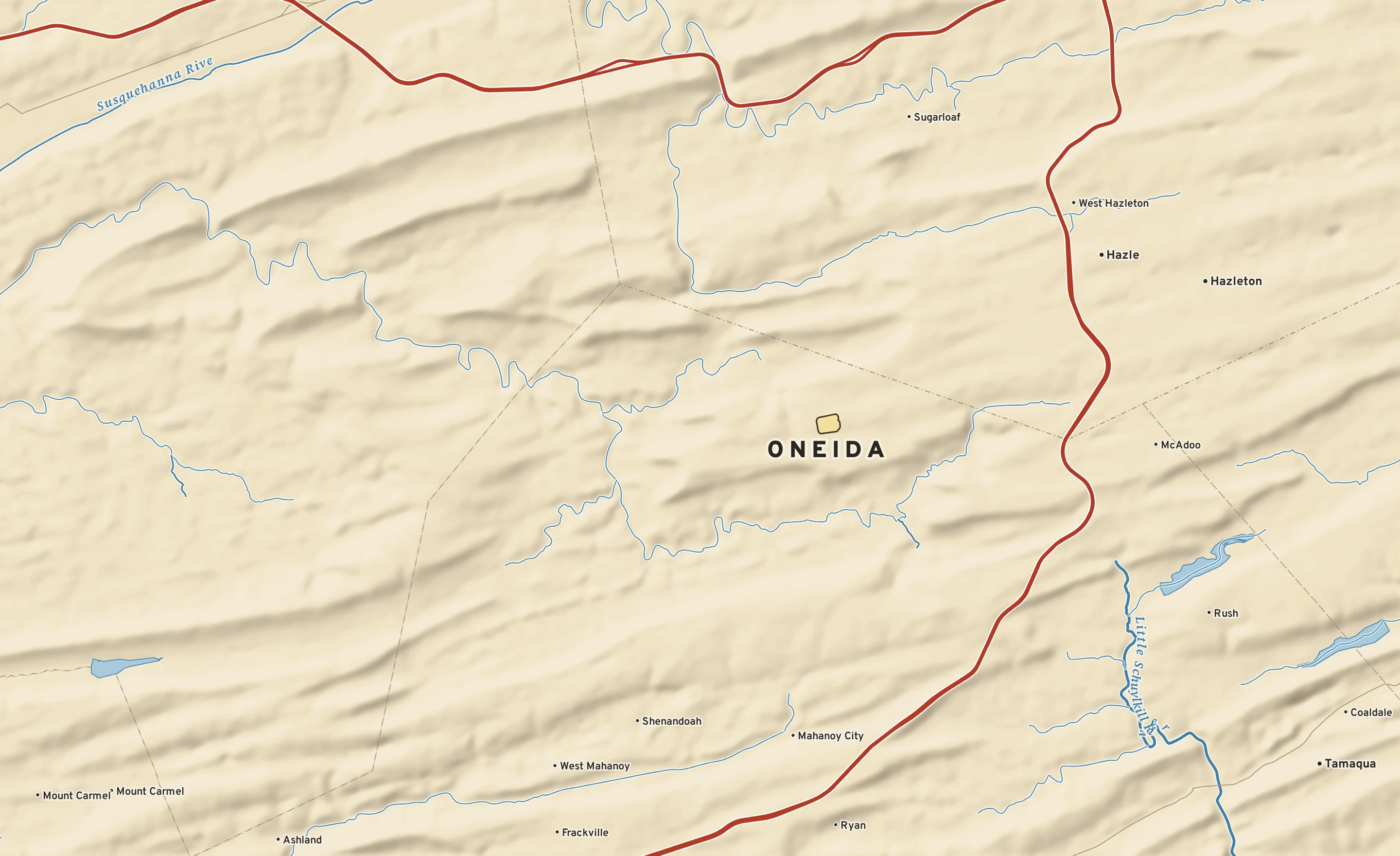 Shaded-relief atlas plate of Oneida, Pennsylvania: rivers, roads, the city limits and where the water drains.