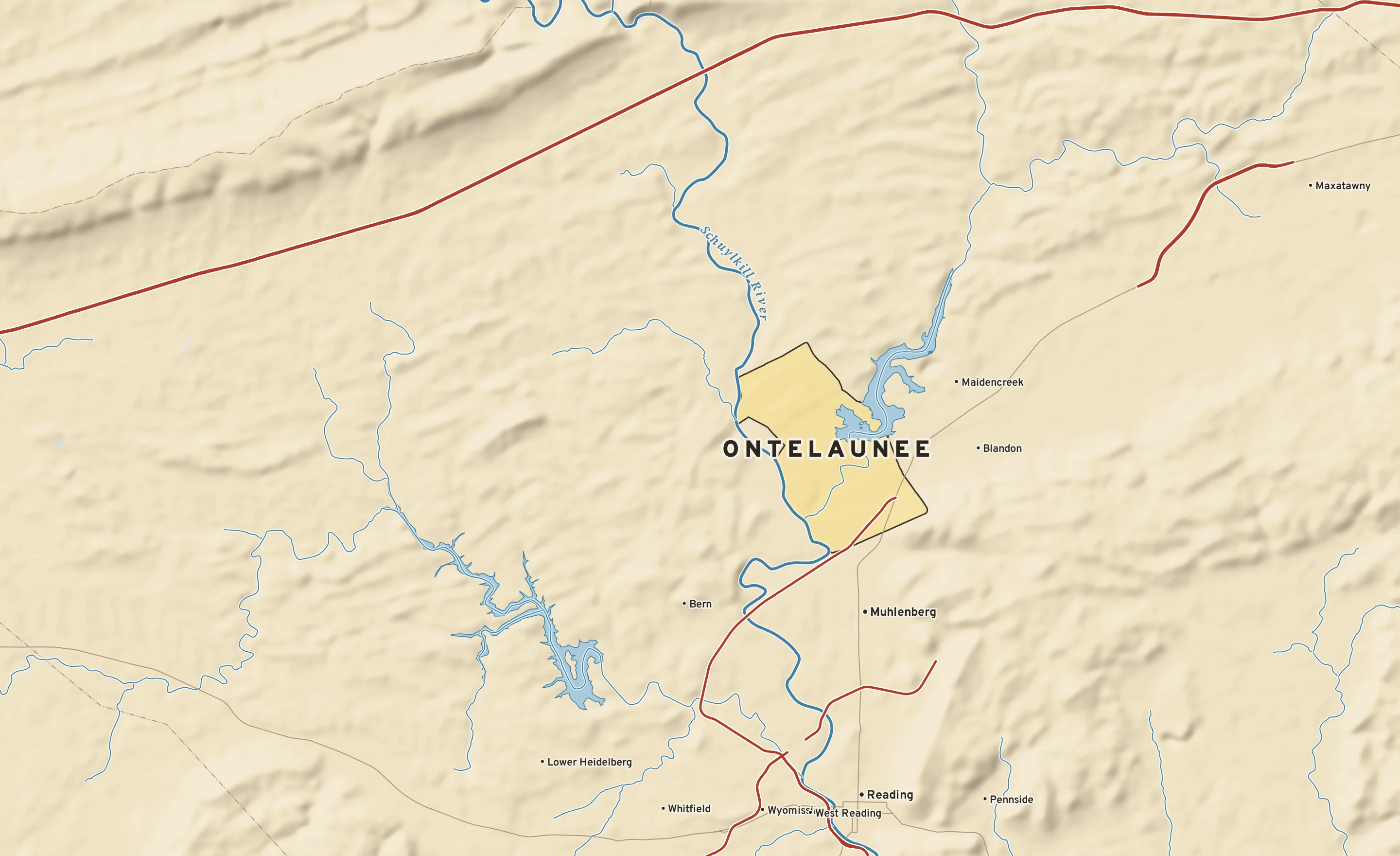 Shaded-relief atlas plate of Ontelaunee, Pennsylvania: rivers, roads, the city limits and where the water drains.