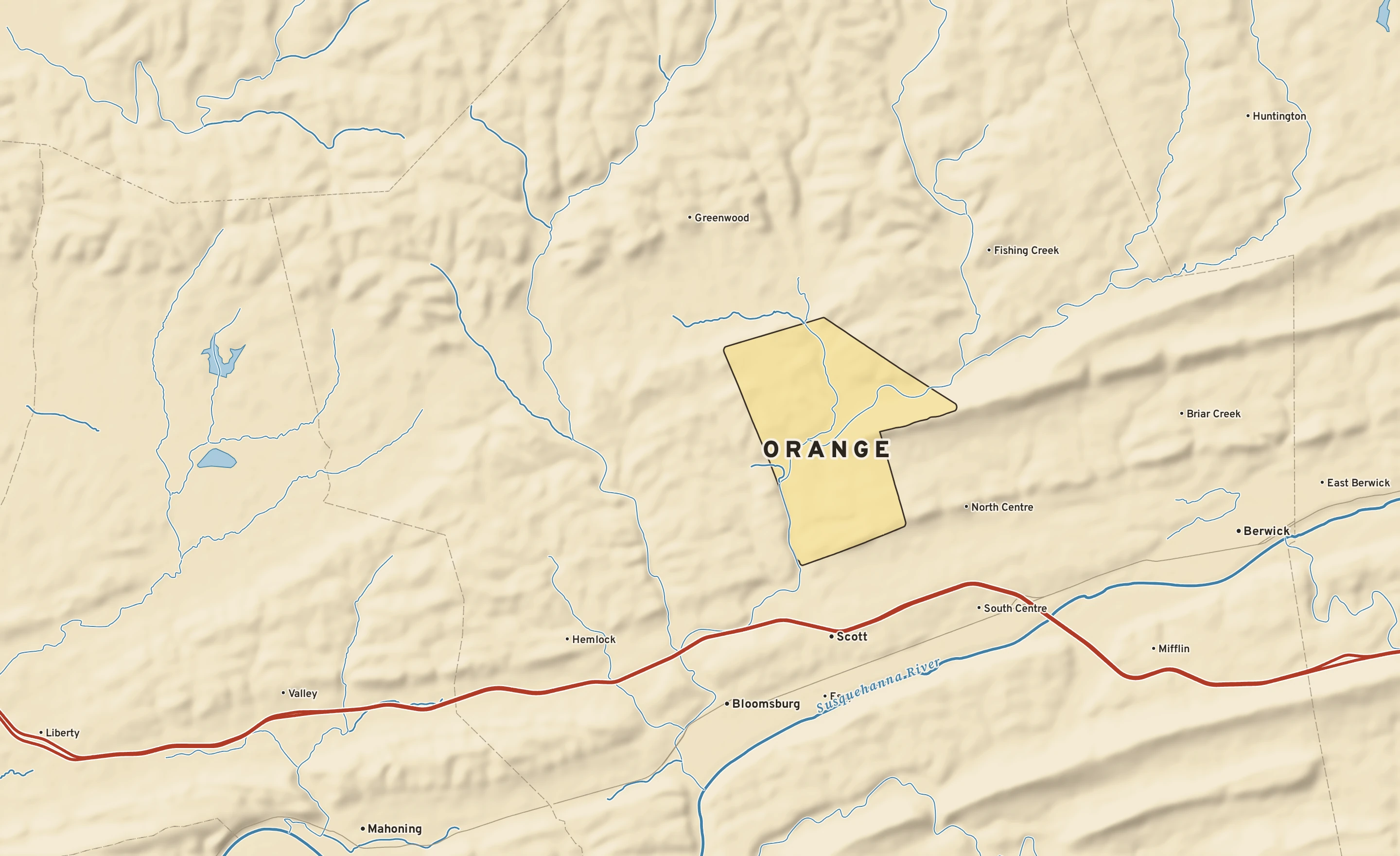 Shaded-relief atlas plate of Orange, Pennsylvania: rivers, roads, the city limits and where the water drains.