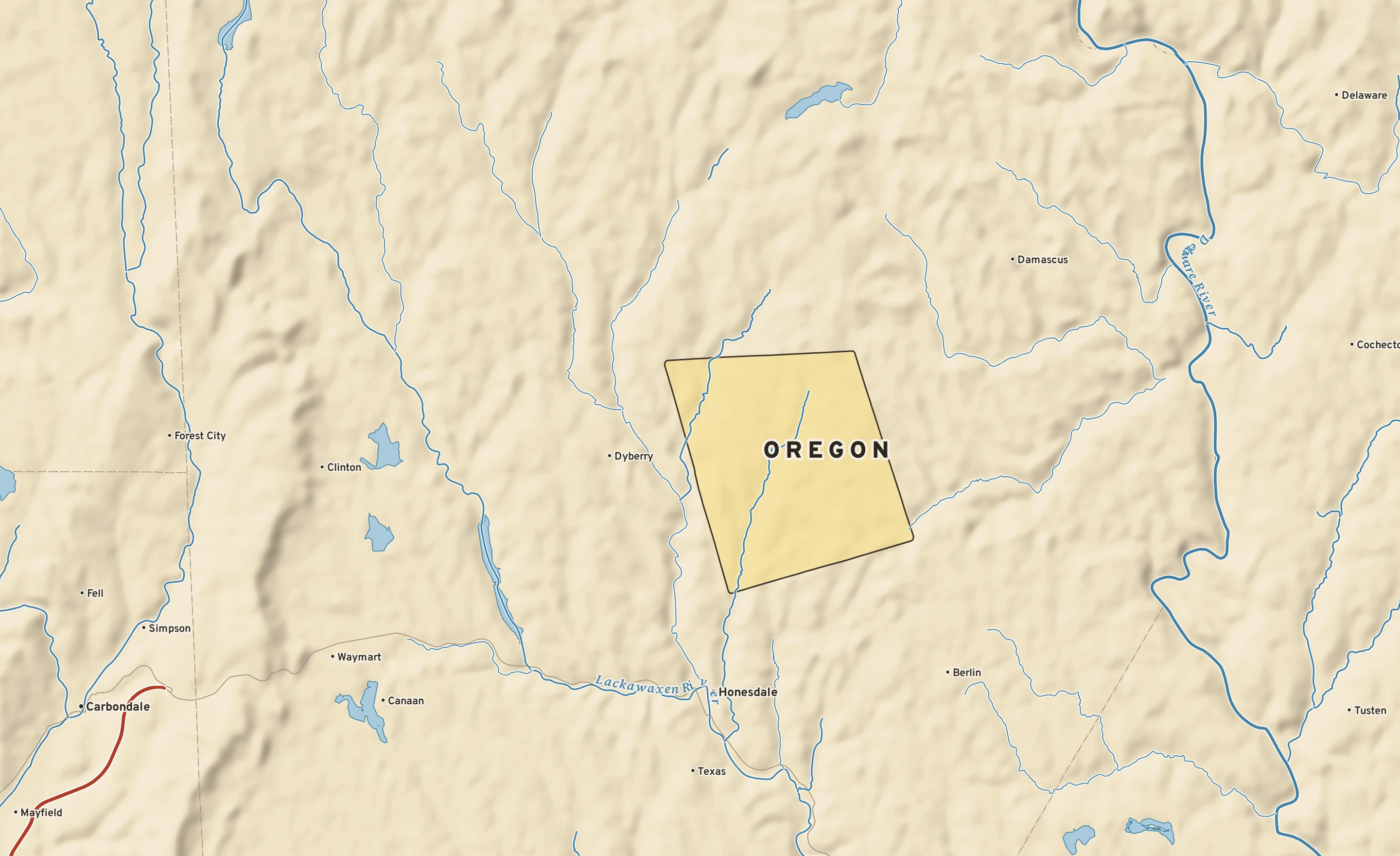 Shaded-relief atlas plate of Oregon, Pennsylvania: rivers, roads, the city limits and where the water drains.