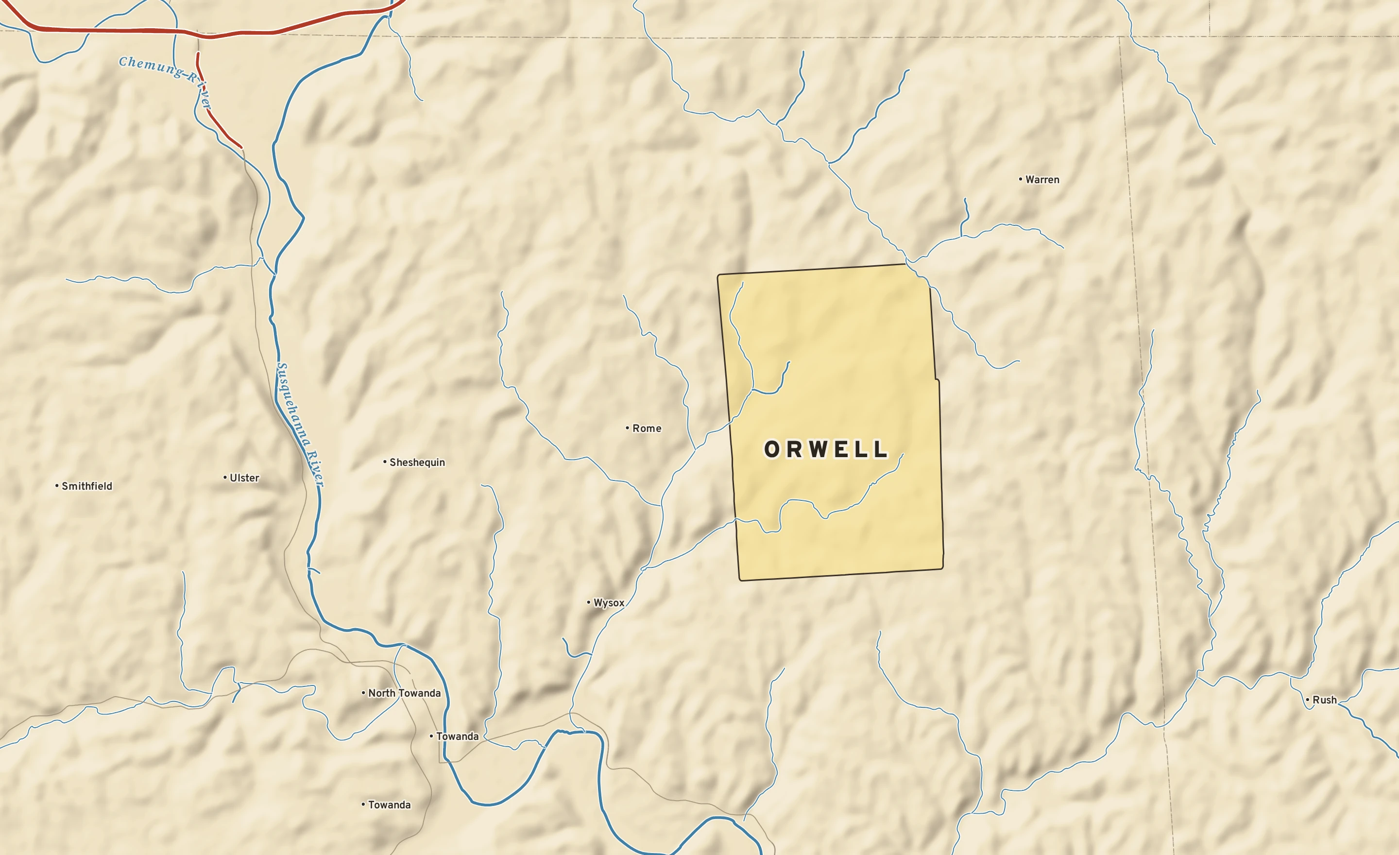 Shaded-relief atlas plate of Orwell, Pennsylvania: rivers, roads, the city limits and where the water drains.