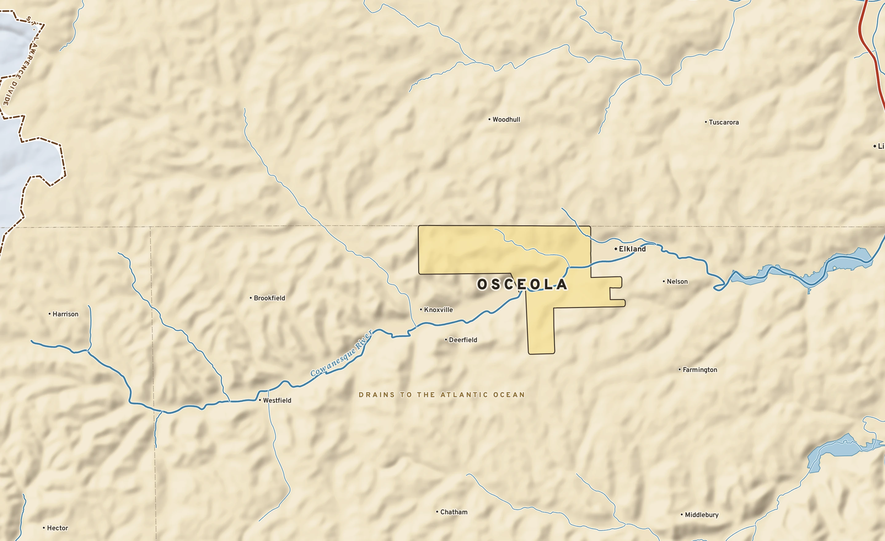 Shaded-relief atlas plate of Osceola, Pennsylvania: rivers, roads, the city limits and where the water drains.