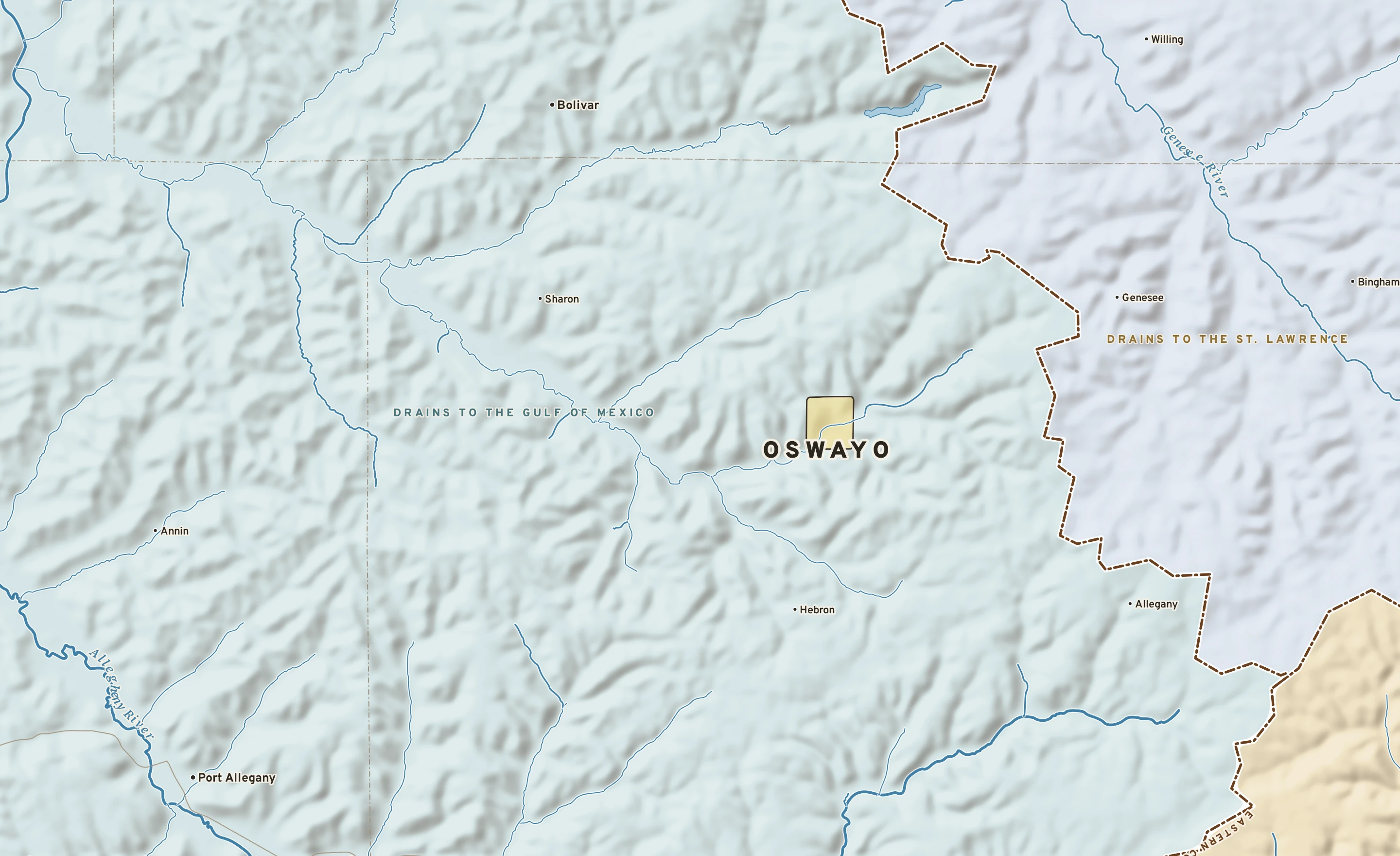 Shaded-relief atlas plate of Oswayo, Pennsylvania: rivers, roads, the city limits and where the water drains.