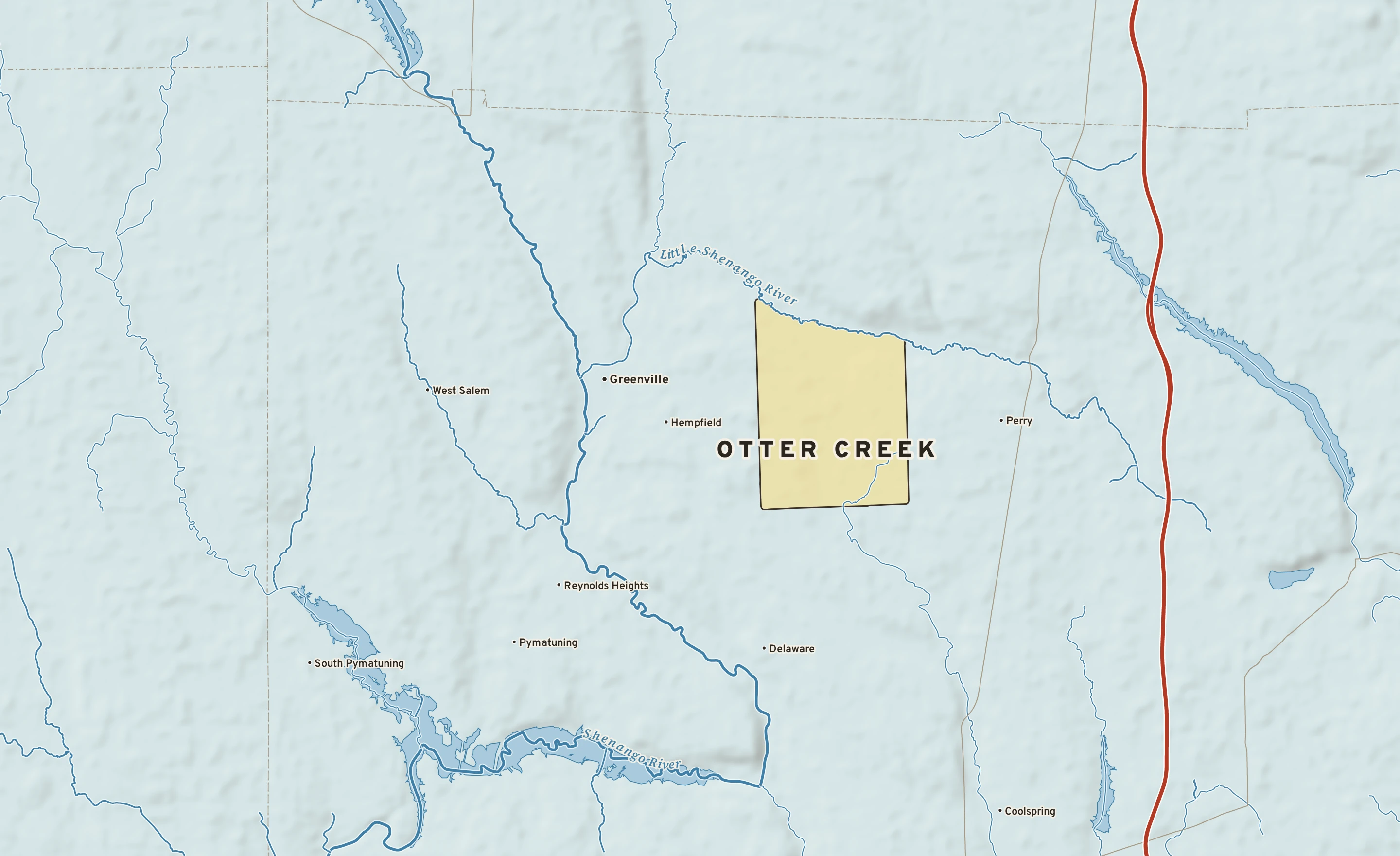 Shaded-relief atlas plate of Otter Creek, Pennsylvania: rivers, roads, the city limits and where the water drains.