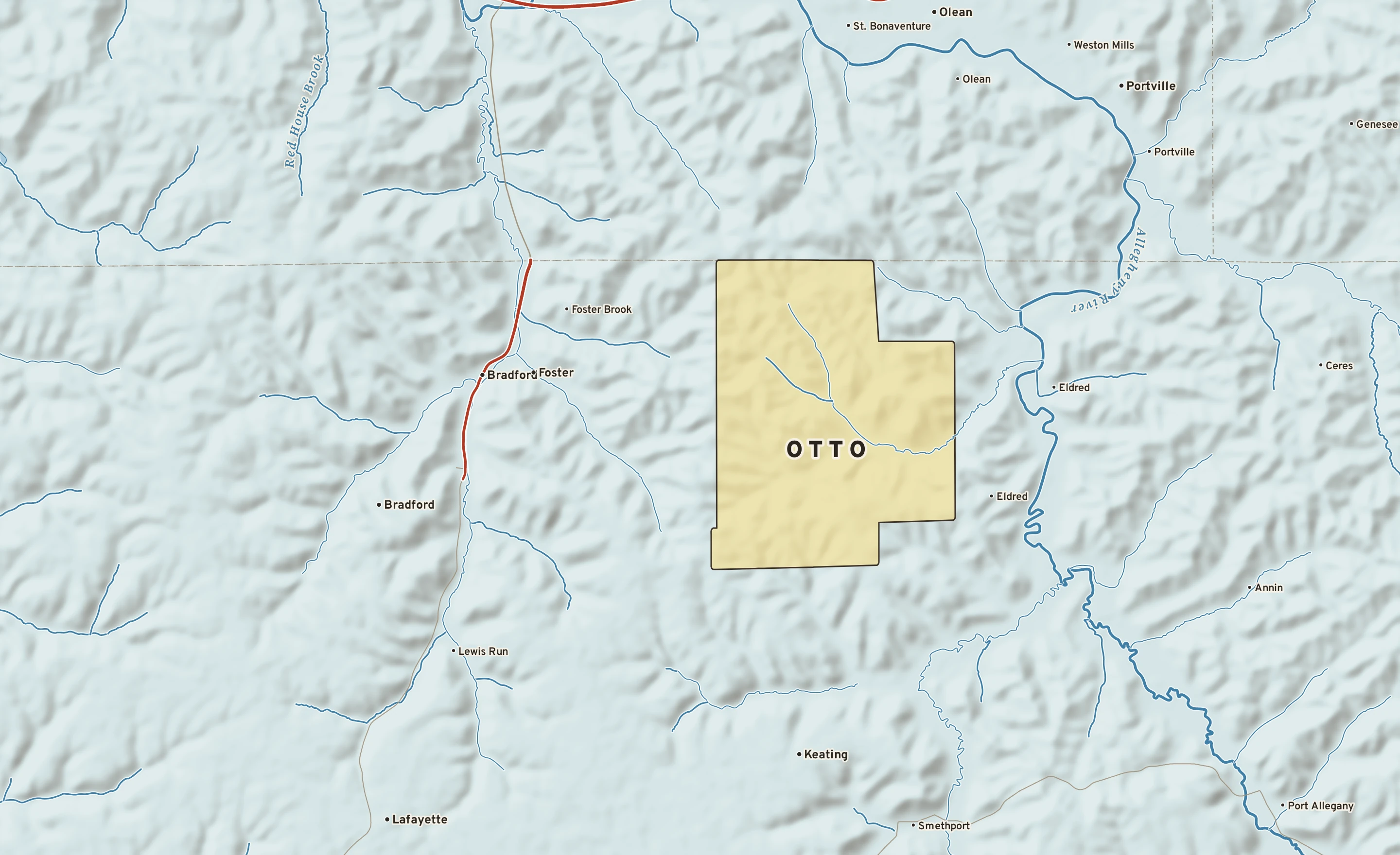 Shaded-relief atlas plate of Otto, Pennsylvania: rivers, roads, the city limits and where the water drains.