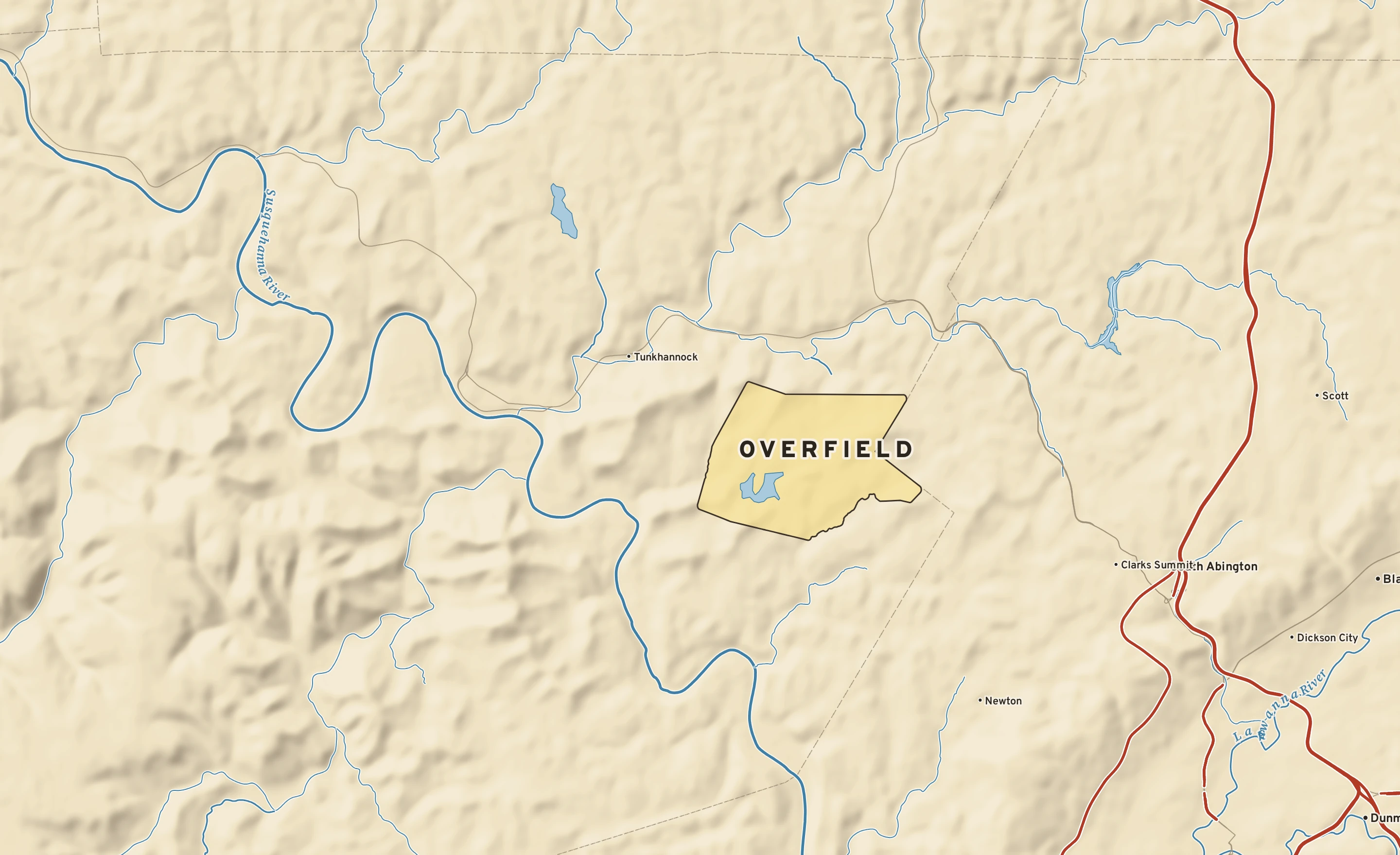 Shaded-relief atlas plate of Overfield, Pennsylvania: rivers, roads, the city limits and where the water drains.