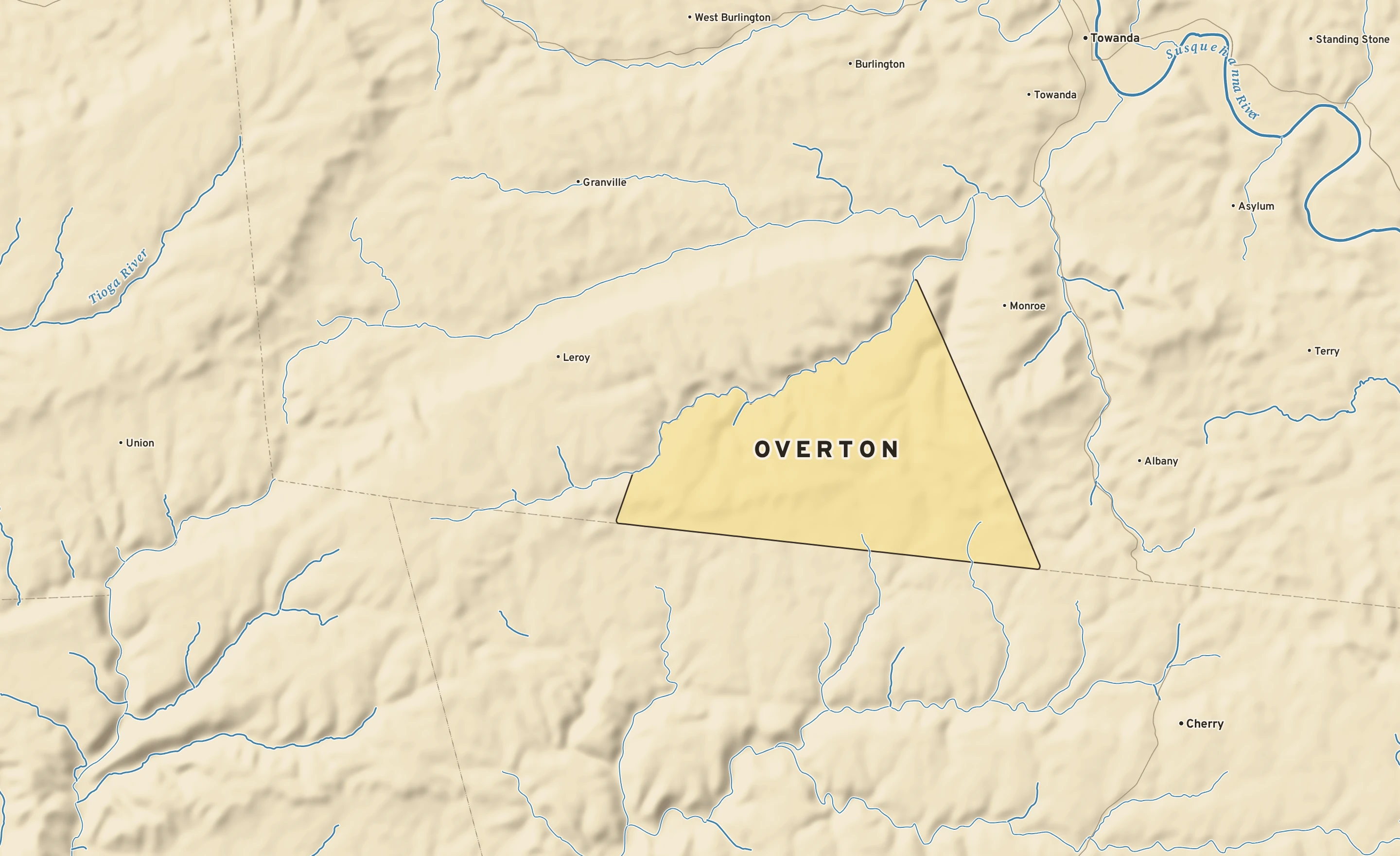 Shaded-relief atlas plate of Overton, Pennsylvania: rivers, roads, the city limits and where the water drains.