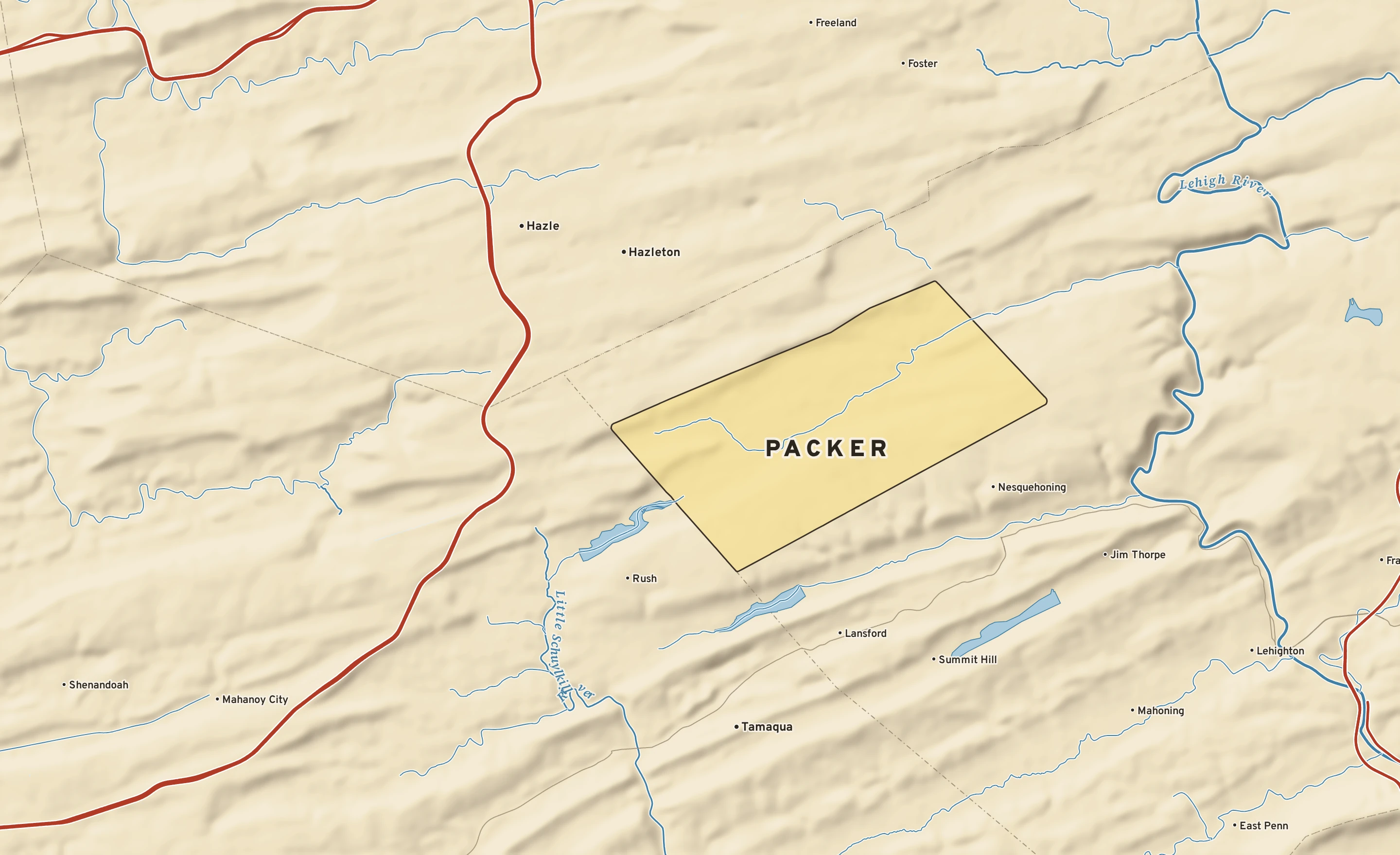 Shaded-relief atlas plate of Packer, Pennsylvania: rivers, roads, the city limits and where the water drains.