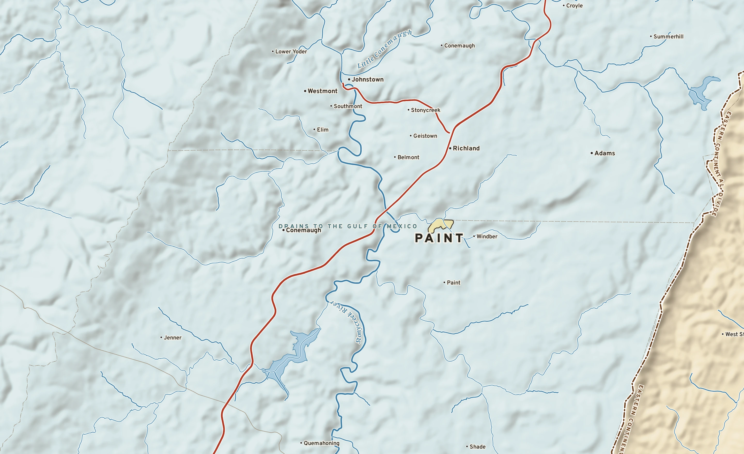 Shaded-relief atlas plate of Paint, Pennsylvania: rivers, roads, the city limits and where the water drains.