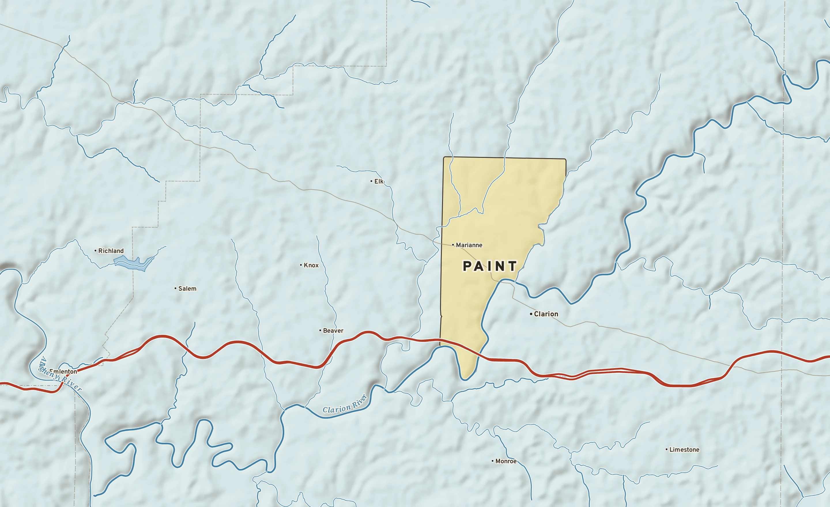 Shaded-relief atlas plate of Paint, Pennsylvania: rivers, roads, the city limits and where the water drains.