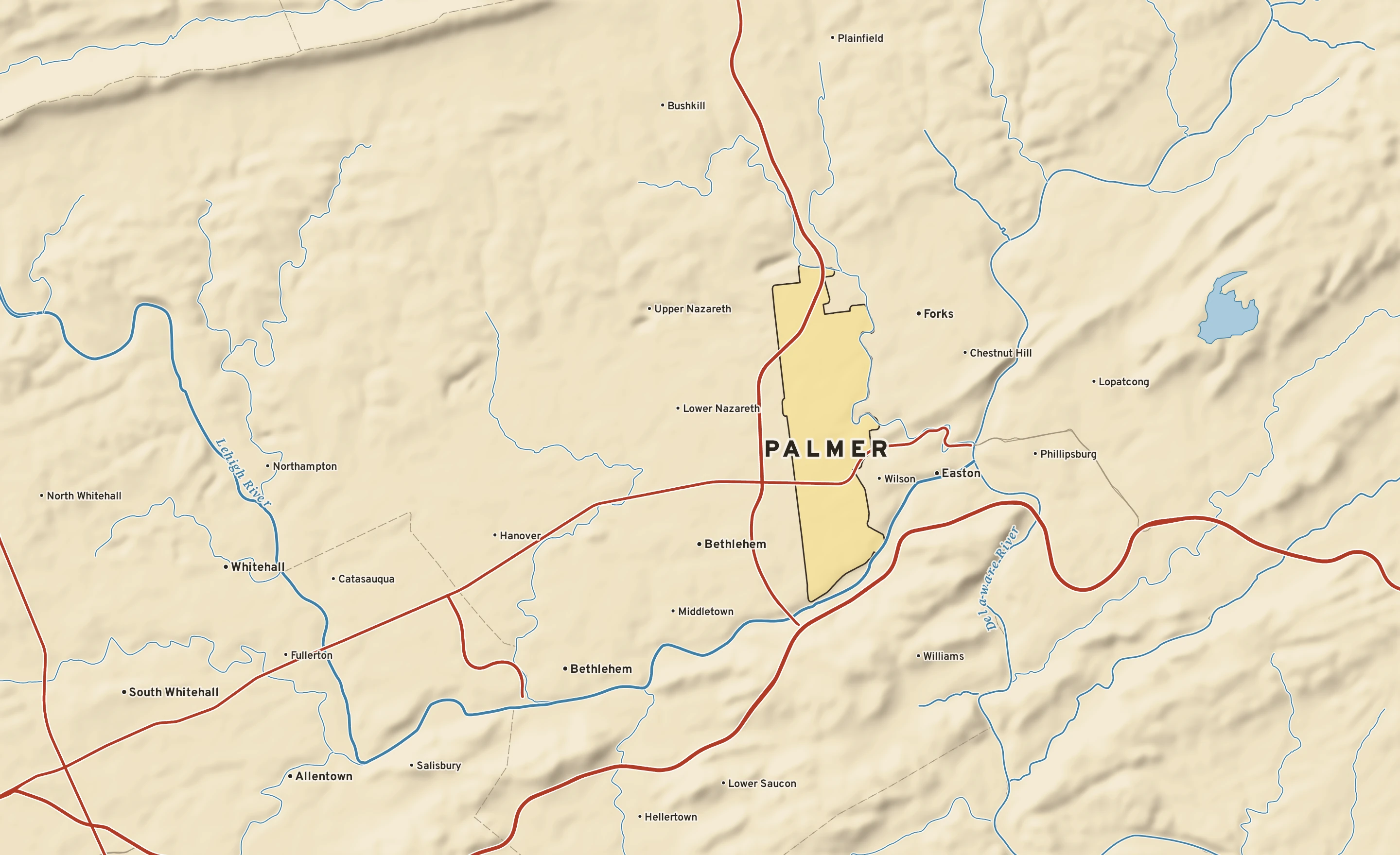 Shaded-relief atlas plate of Palmer, Pennsylvania: rivers, roads, the city limits and where the water drains.