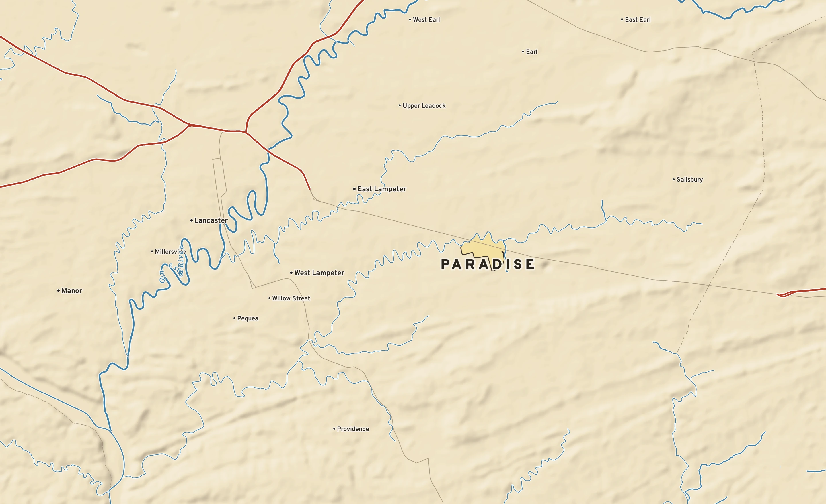 Shaded-relief atlas plate of Paradise, Pennsylvania: rivers, roads, the city limits and where the water drains.