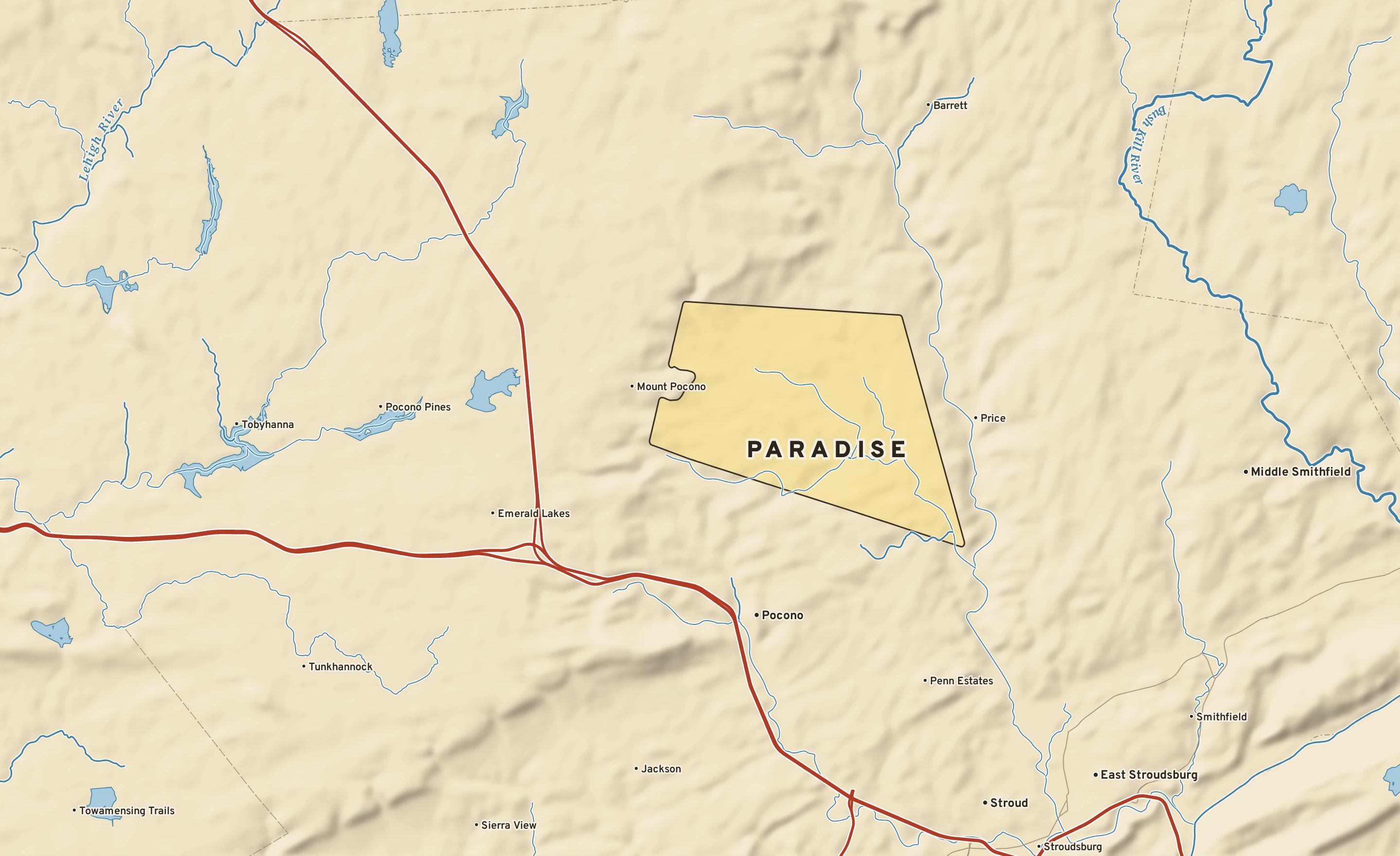 Shaded-relief atlas plate of Paradise, Pennsylvania: rivers, roads, the city limits and where the water drains.