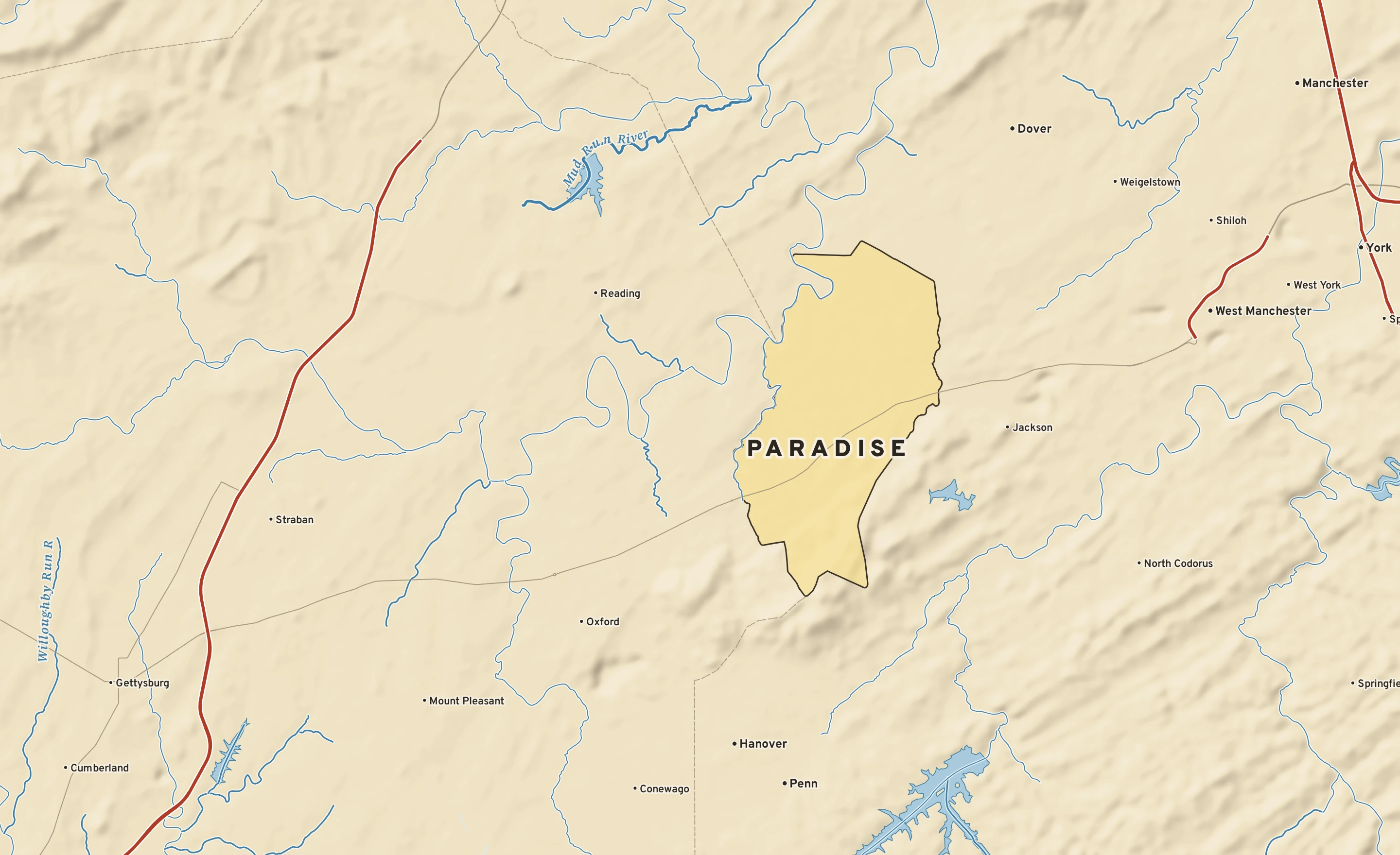 Shaded-relief atlas plate of Paradise, Pennsylvania: rivers, roads, the city limits and where the water drains.