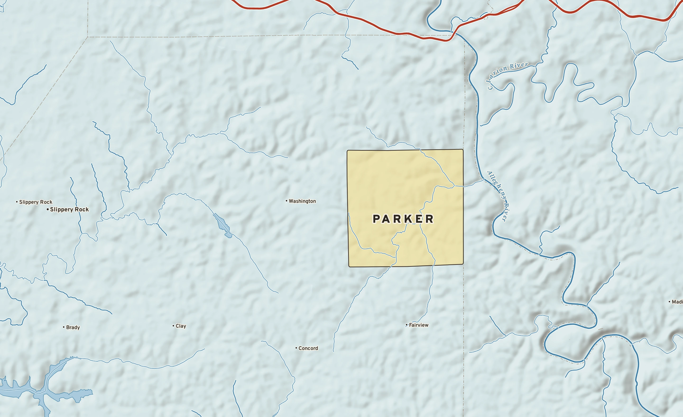 Shaded-relief atlas plate of Parker, Pennsylvania: rivers, roads, the city limits and where the water drains.