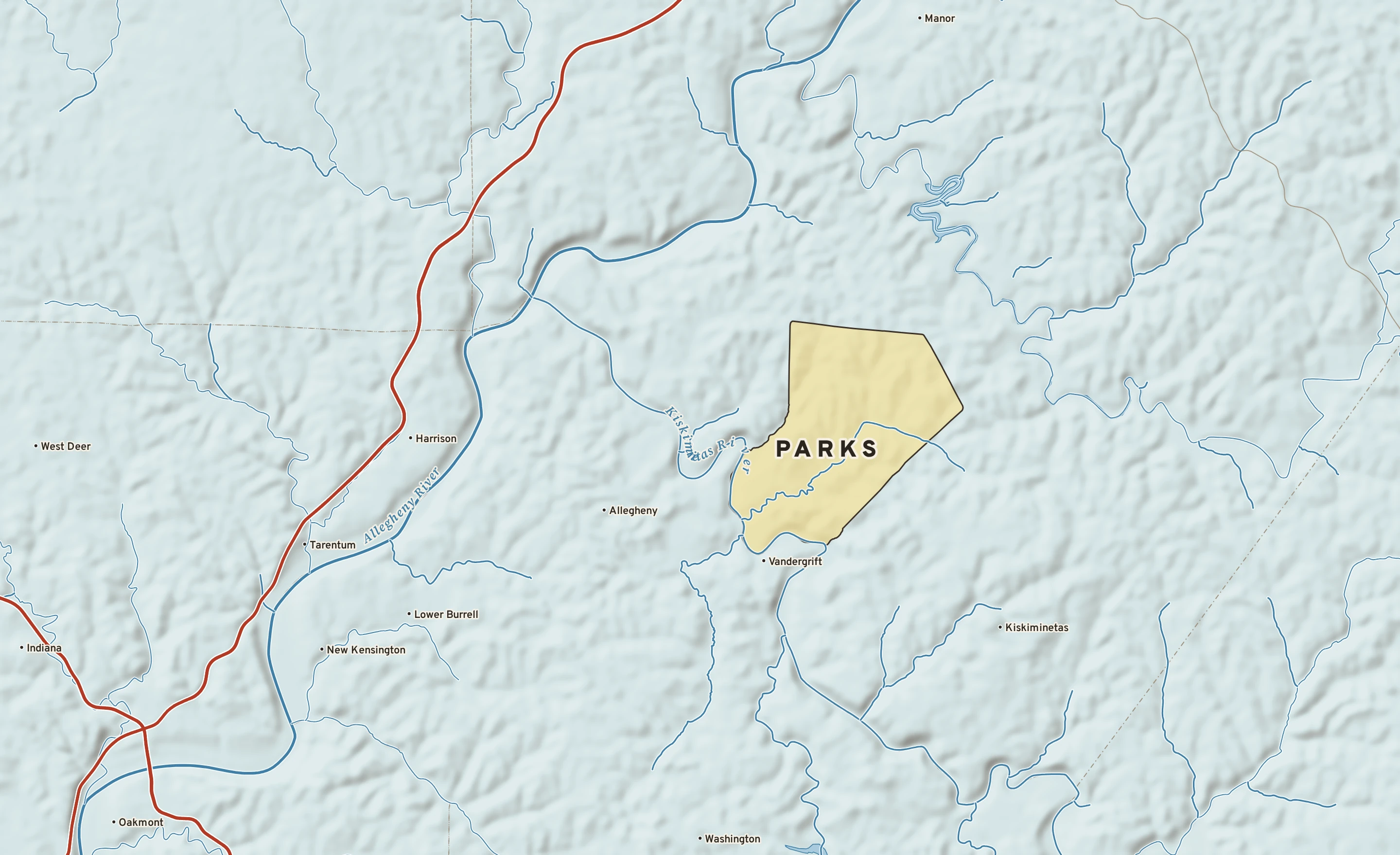 Shaded-relief atlas plate of Parks, Pennsylvania: rivers, roads, the city limits and where the water drains.