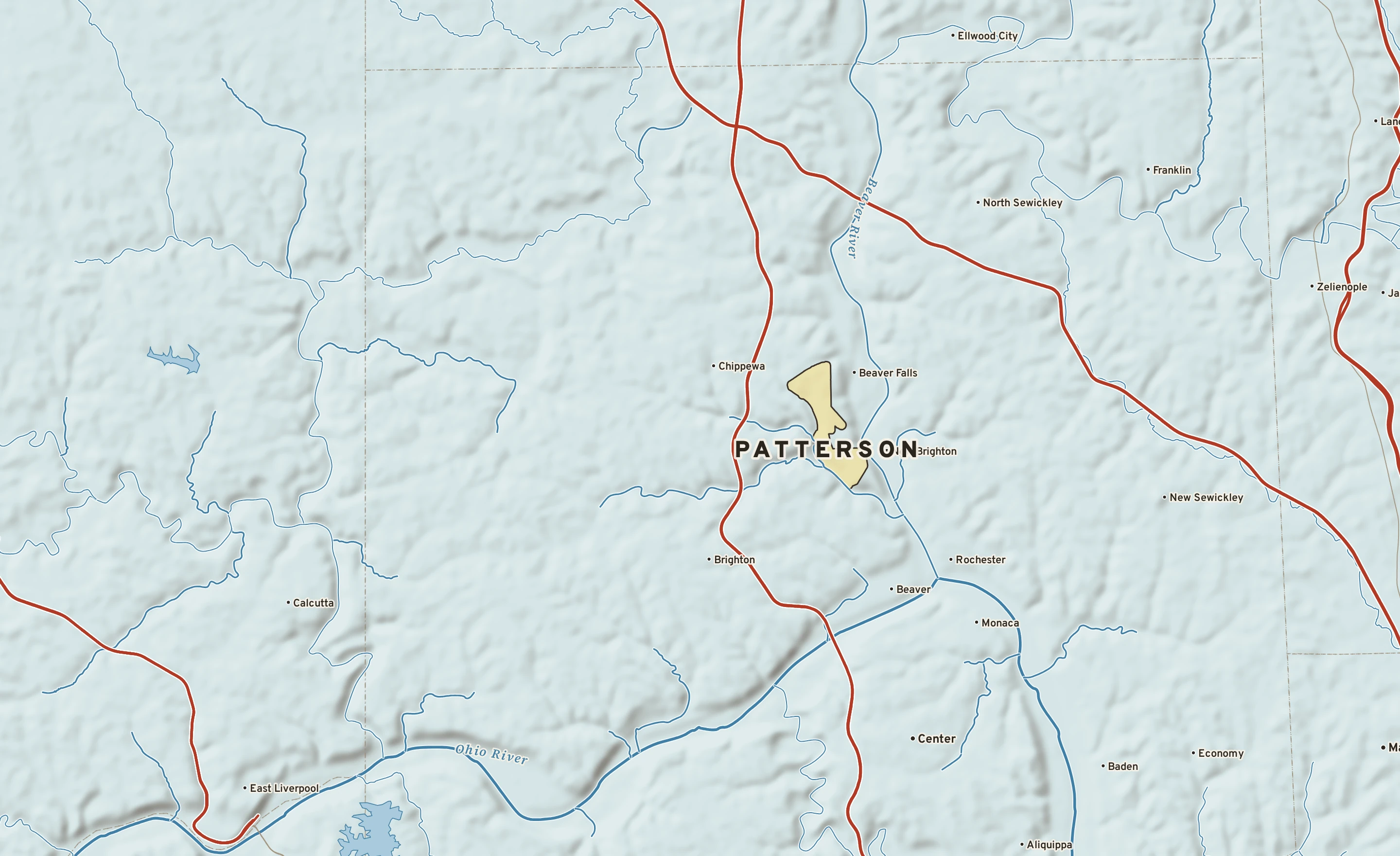 Shaded-relief atlas plate of Patterson, Pennsylvania: rivers, roads, the city limits and where the water drains.