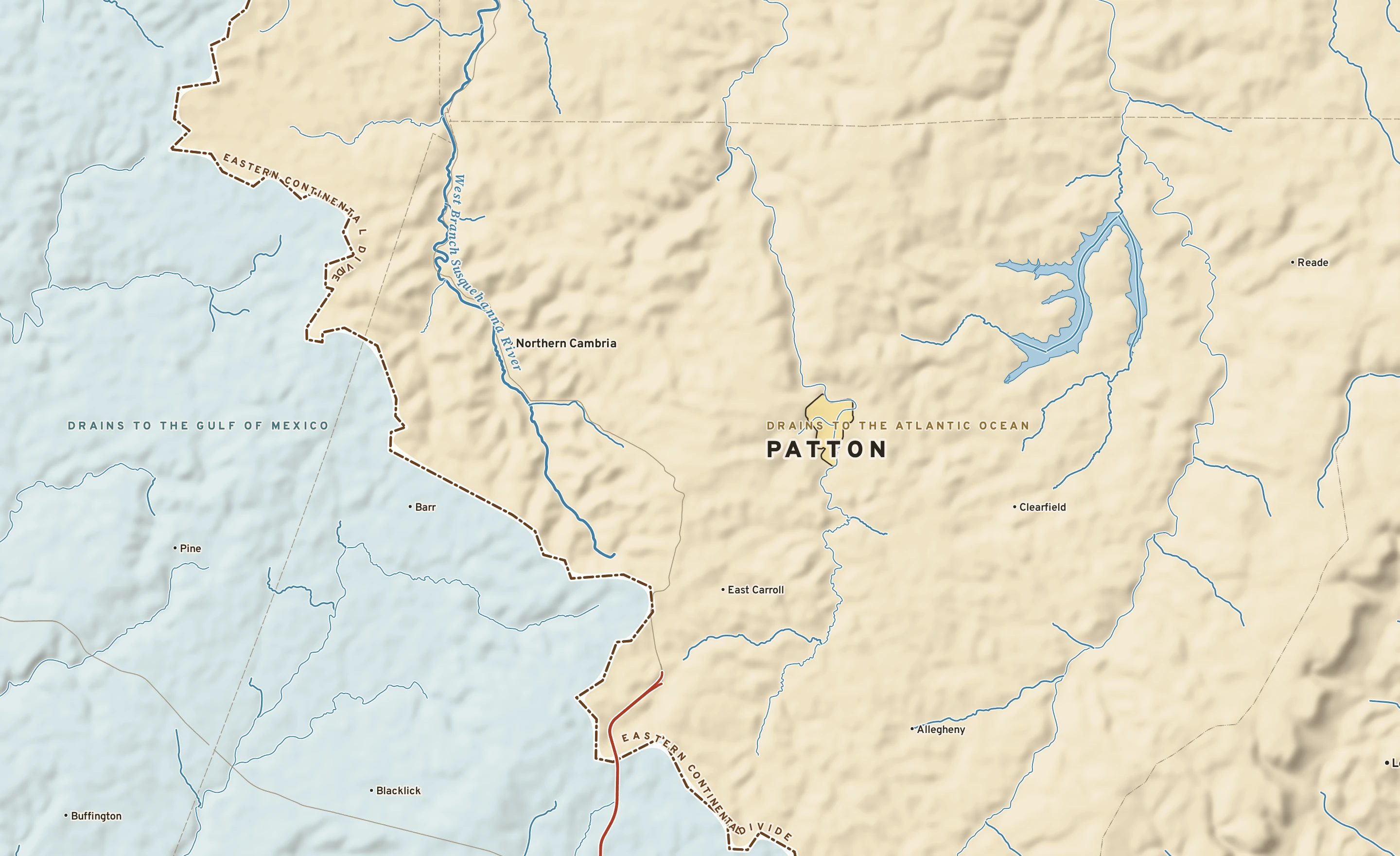 Shaded-relief atlas plate of Patton, Pennsylvania: rivers, roads, the city limits and where the water drains.