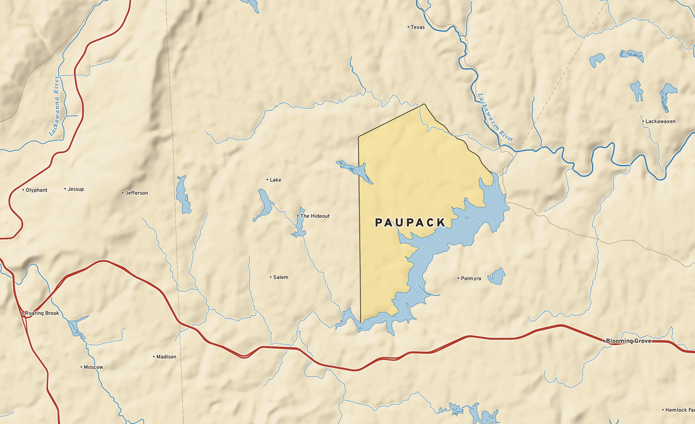 Shaded-relief atlas plate of Paupack, Pennsylvania: rivers, roads, the city limits and where the water drains.