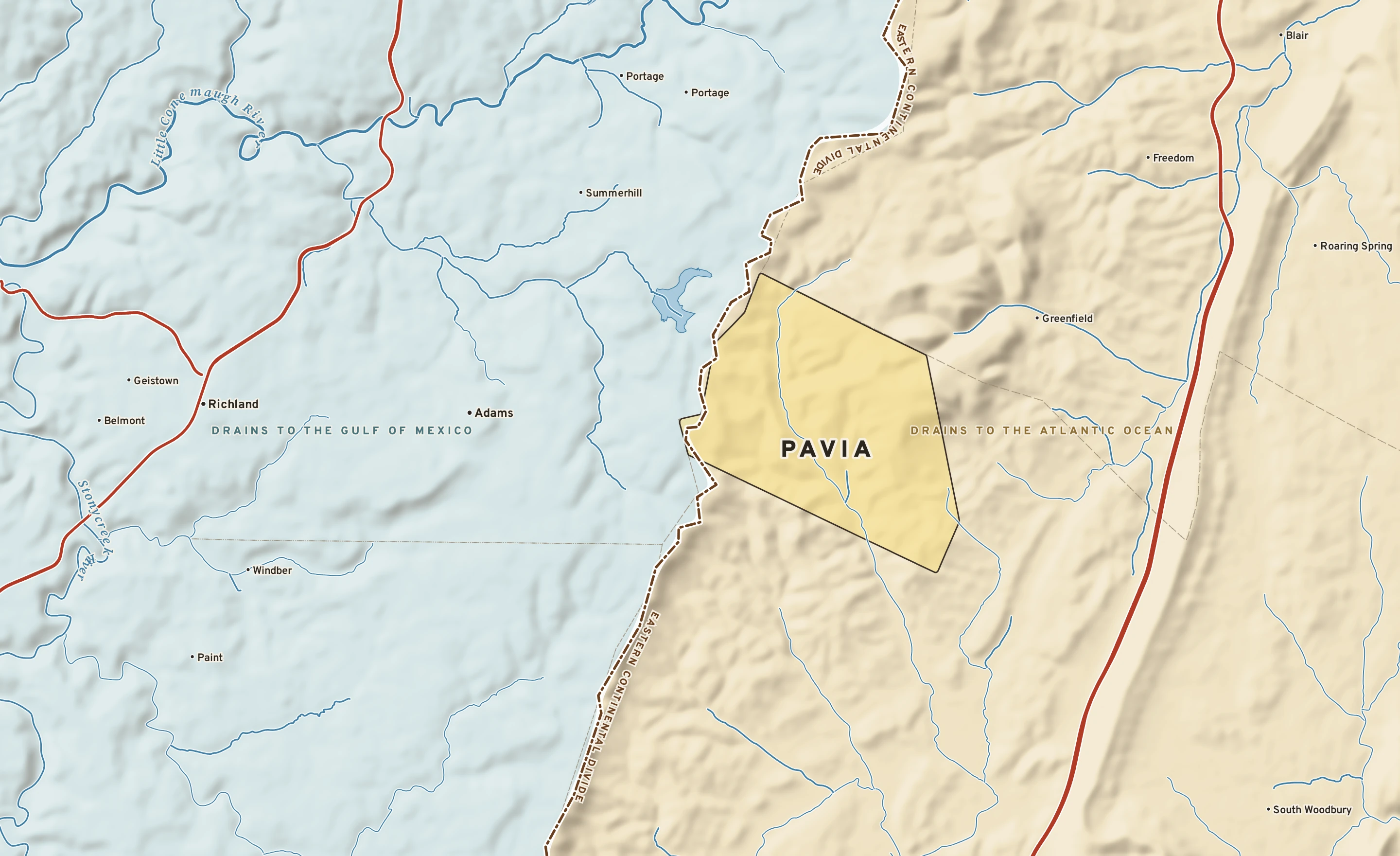 Shaded-relief atlas plate of Pavia, Pennsylvania: rivers, roads, the city limits and where the water drains.