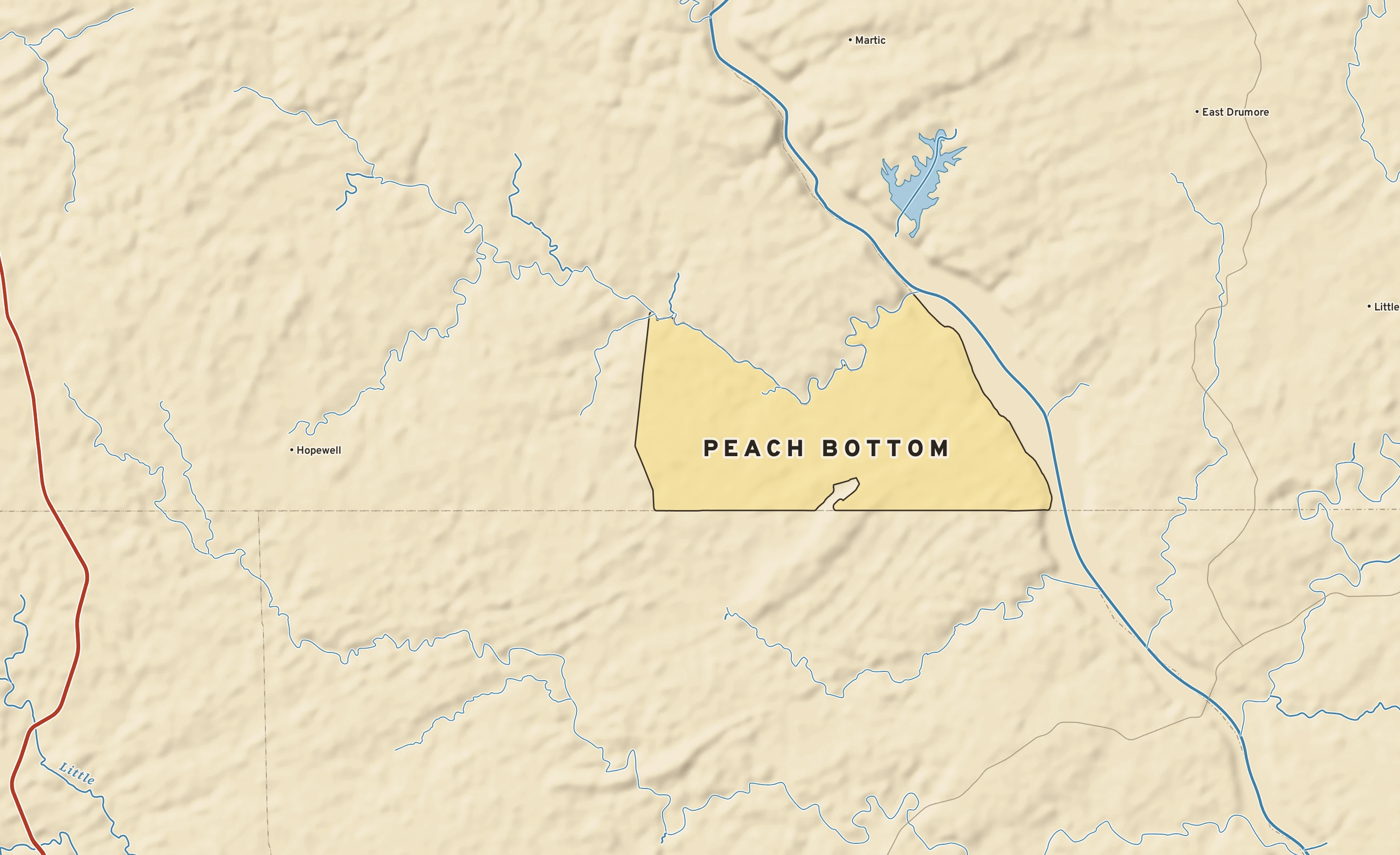 Shaded-relief atlas plate of Peach Bottom, Pennsylvania: rivers, roads, the city limits and where the water drains.
