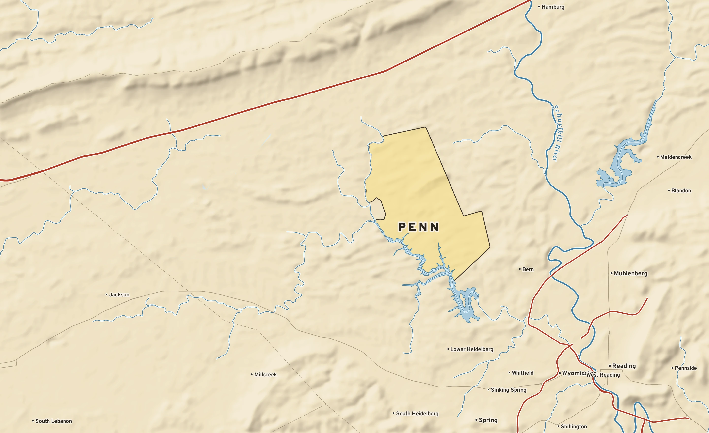 Shaded-relief atlas plate of Penn, Pennsylvania: rivers, roads, the city limits and where the water drains.