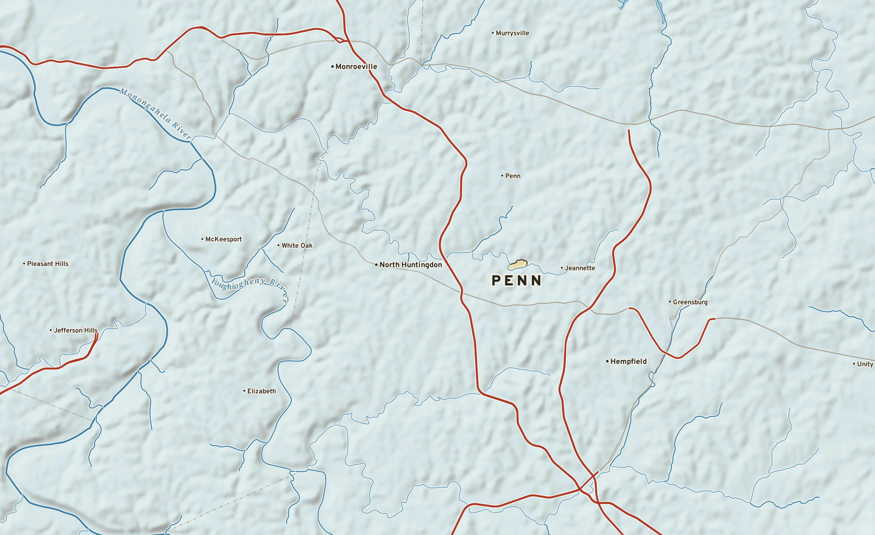 Shaded-relief atlas plate of Penn, Pennsylvania: rivers, roads, the city limits and where the water drains.