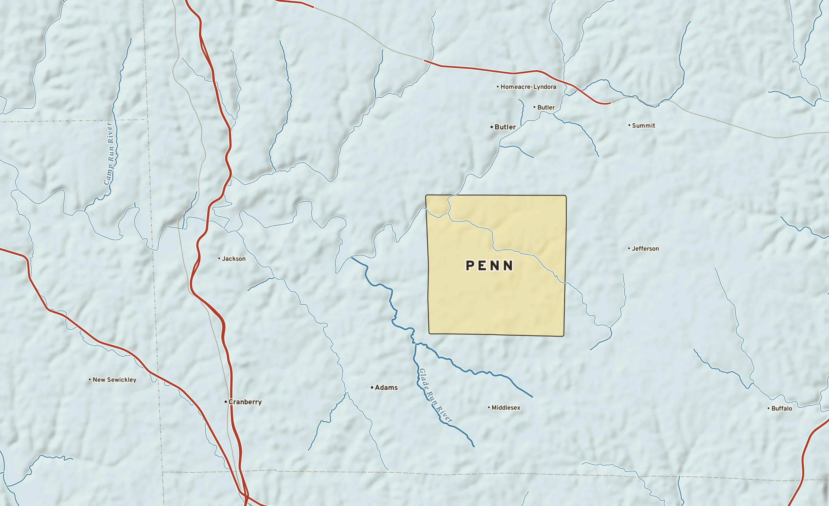 Shaded-relief atlas plate of Penn, Pennsylvania: rivers, roads, the city limits and where the water drains.