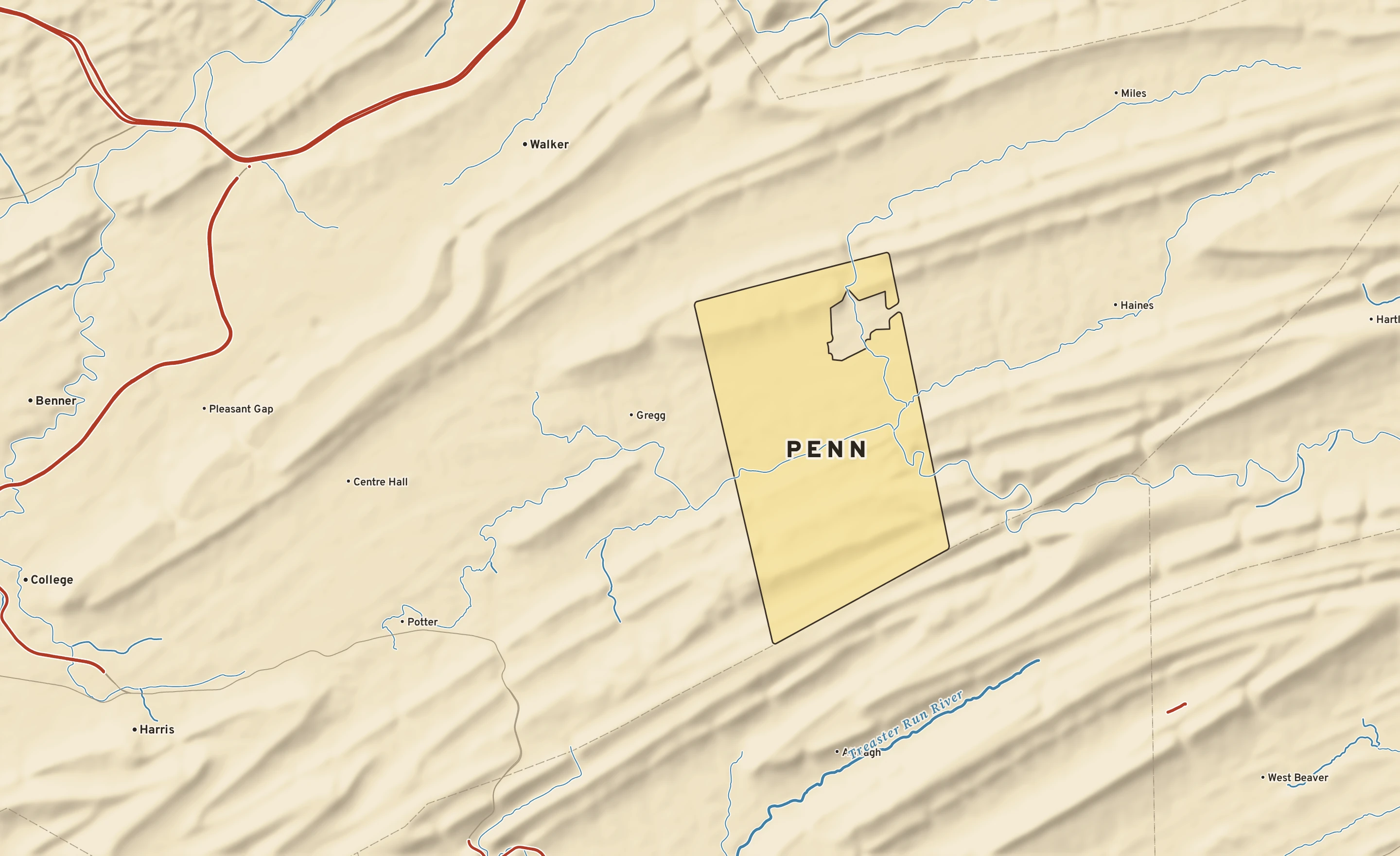 Shaded-relief atlas plate of Penn, Pennsylvania: rivers, roads, the city limits and where the water drains.