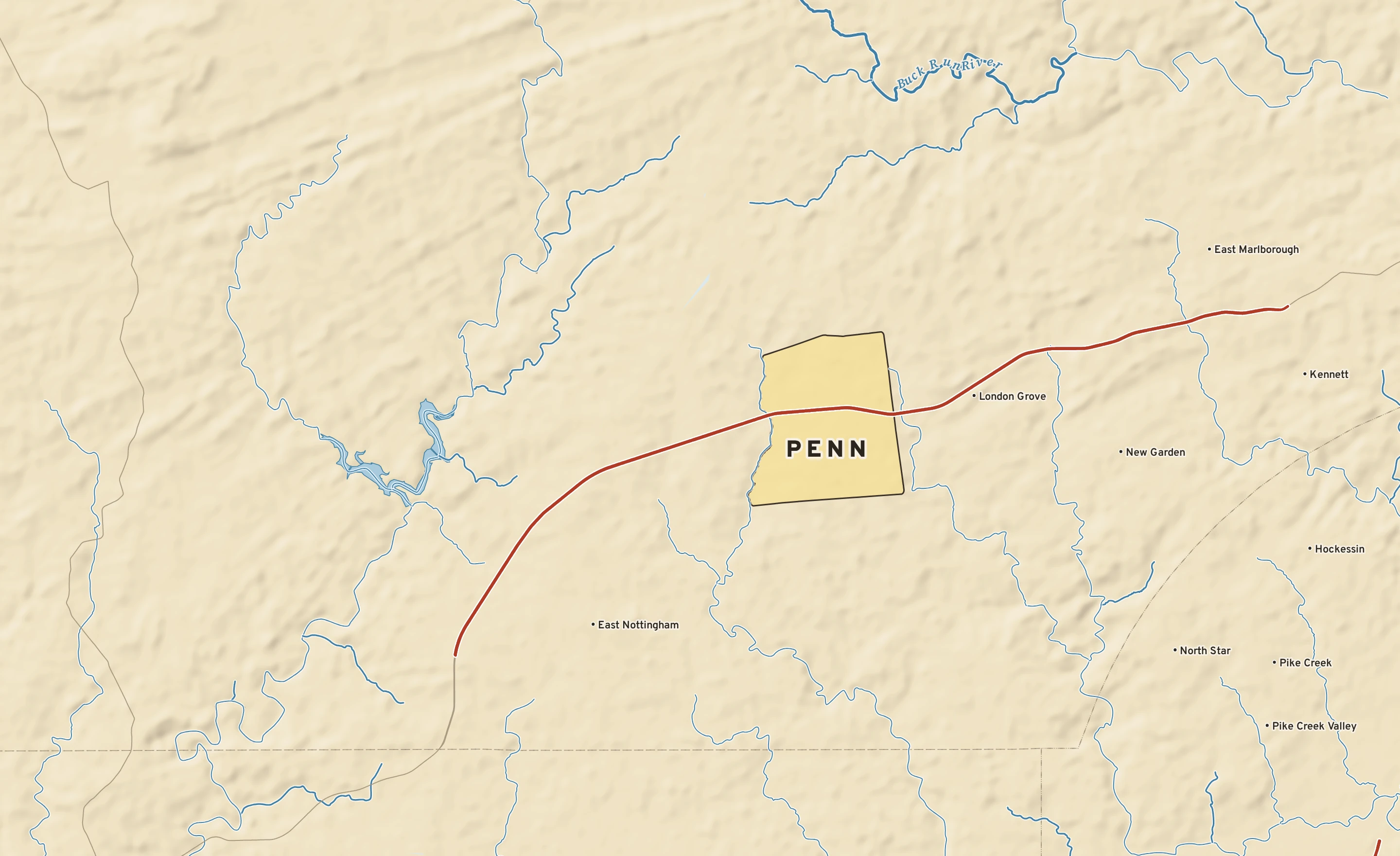 Shaded-relief atlas plate of Penn, Pennsylvania: rivers, roads, the city limits and where the water drains.