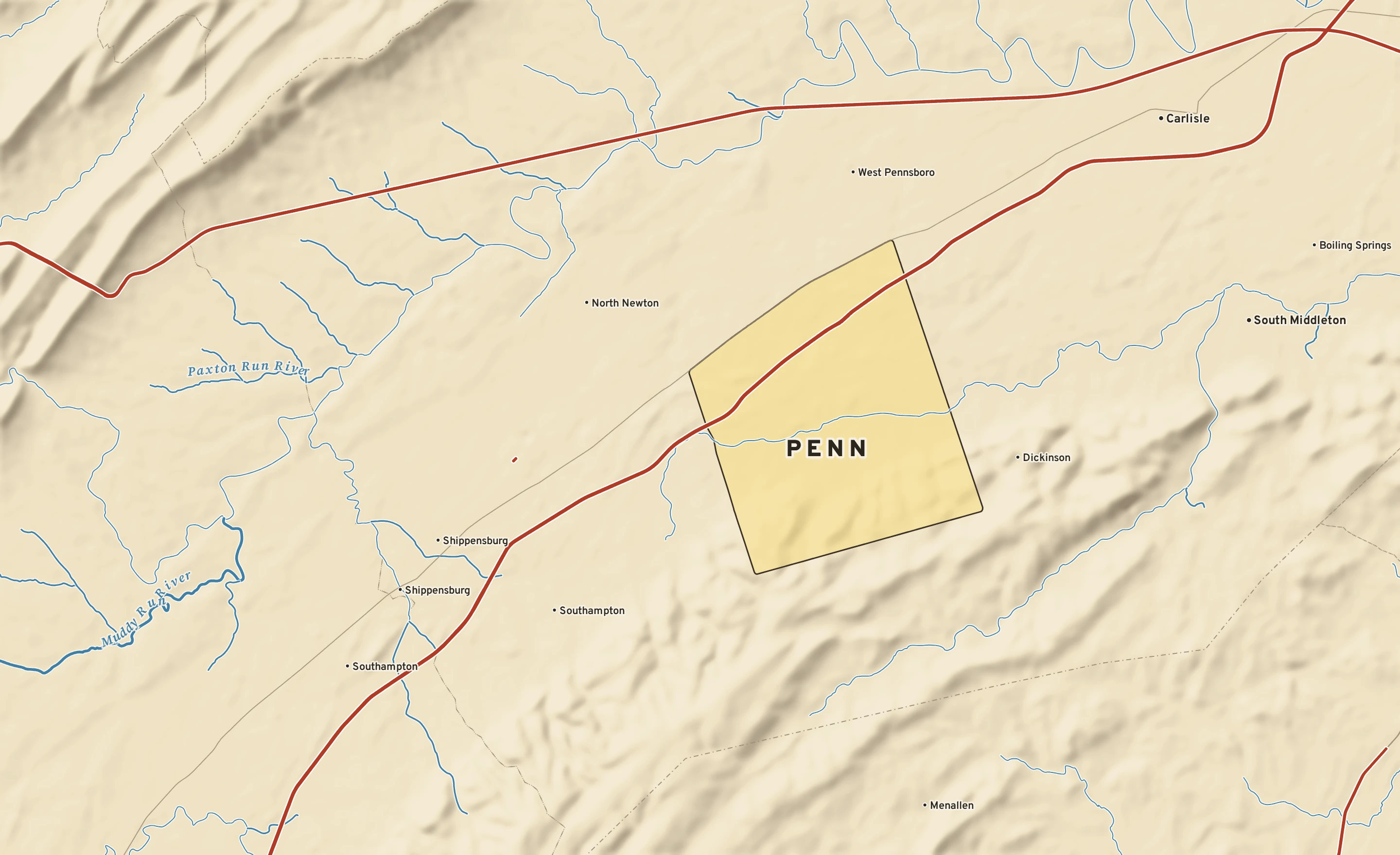 Shaded-relief atlas plate of Penn, Pennsylvania: rivers, roads, the city limits and where the water drains.
