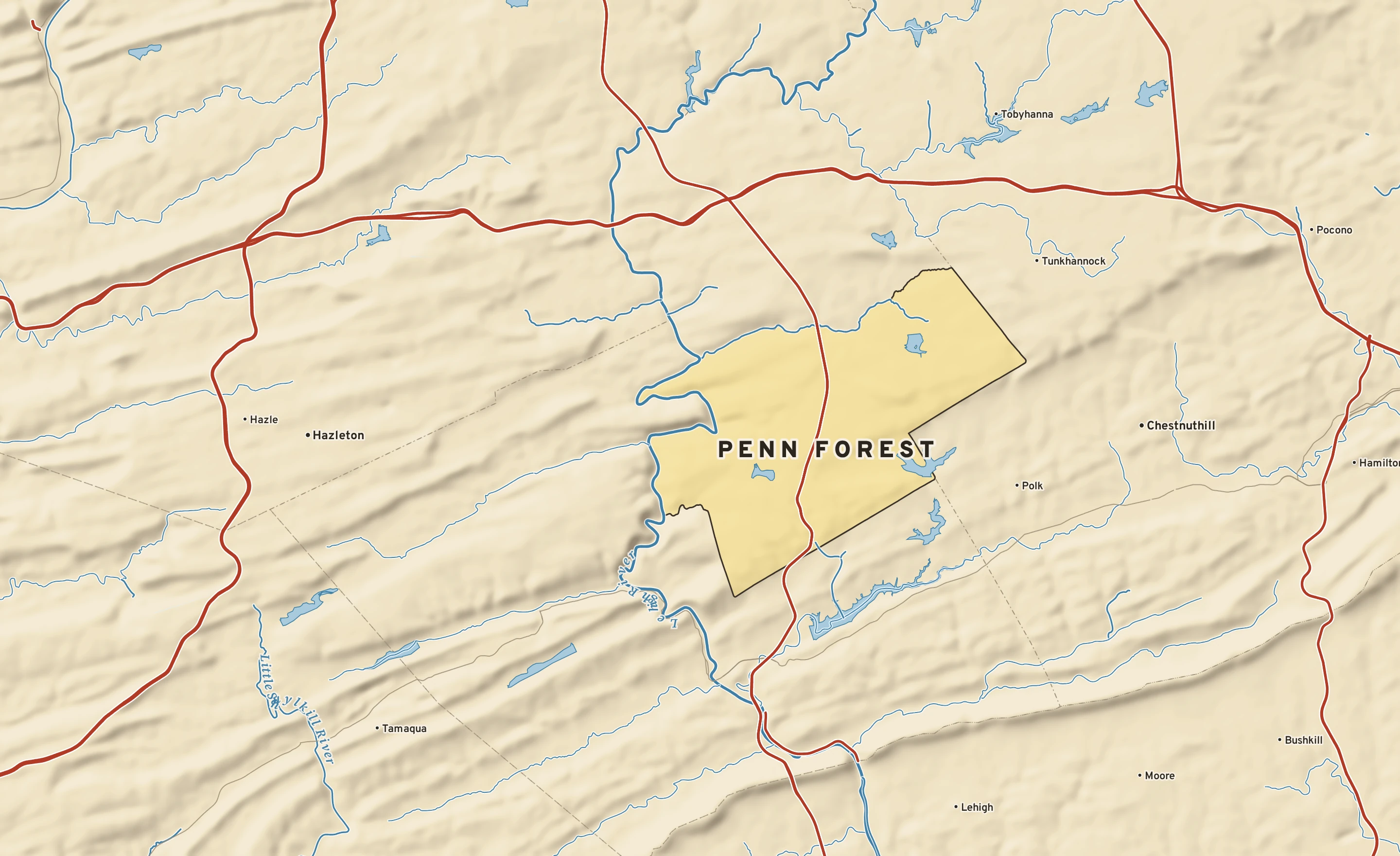 Shaded-relief atlas plate of Penn Forest, Pennsylvania: rivers, roads, the city limits and where the water drains.