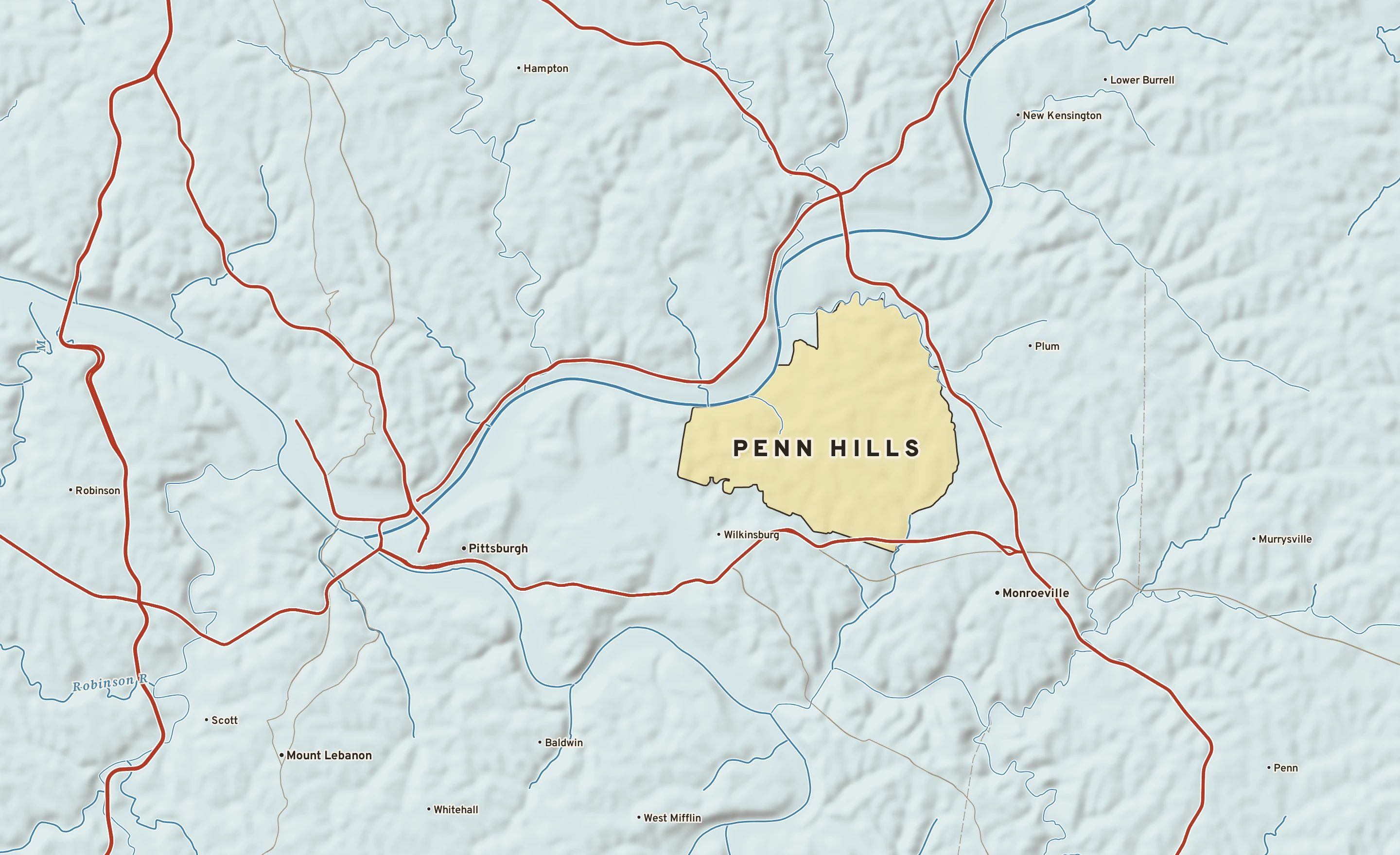 Shaded-relief atlas plate of Penn Hills, Pennsylvania: rivers, roads, the city limits and where the water drains.