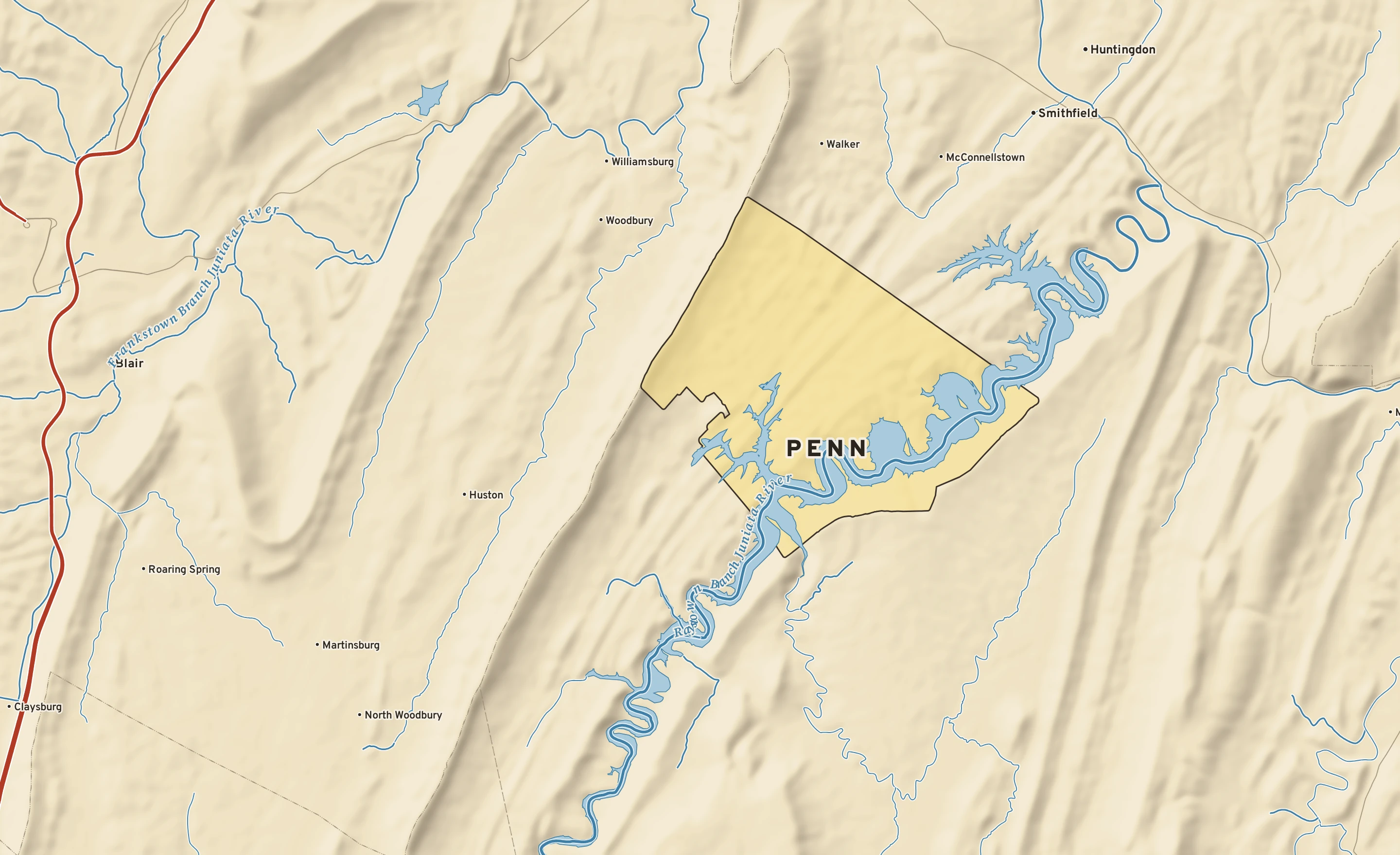 Shaded-relief atlas plate of Penn, Pennsylvania: rivers, roads, the city limits and where the water drains.