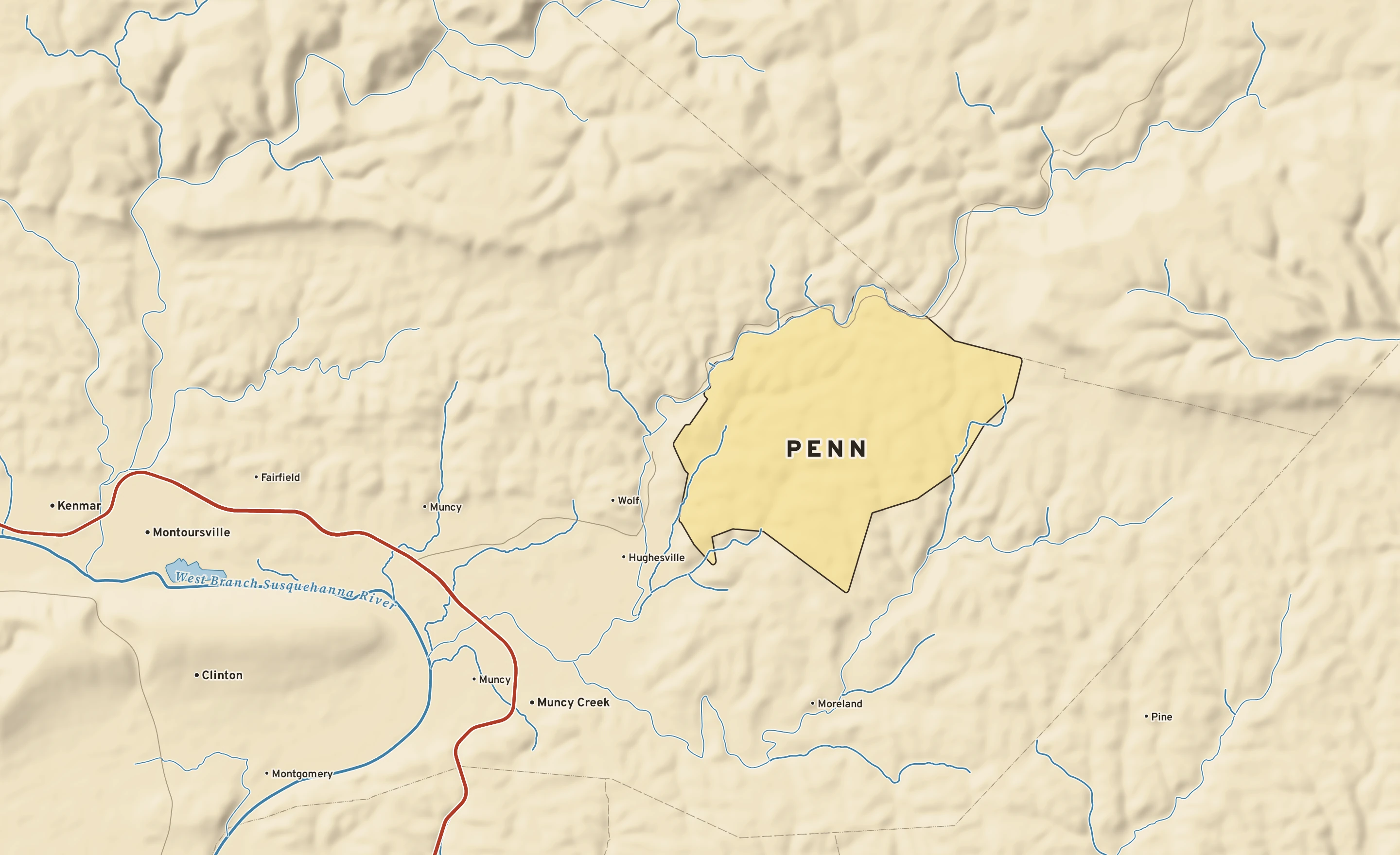 Shaded-relief atlas plate of Penn, Pennsylvania: rivers, roads, the city limits and where the water drains.